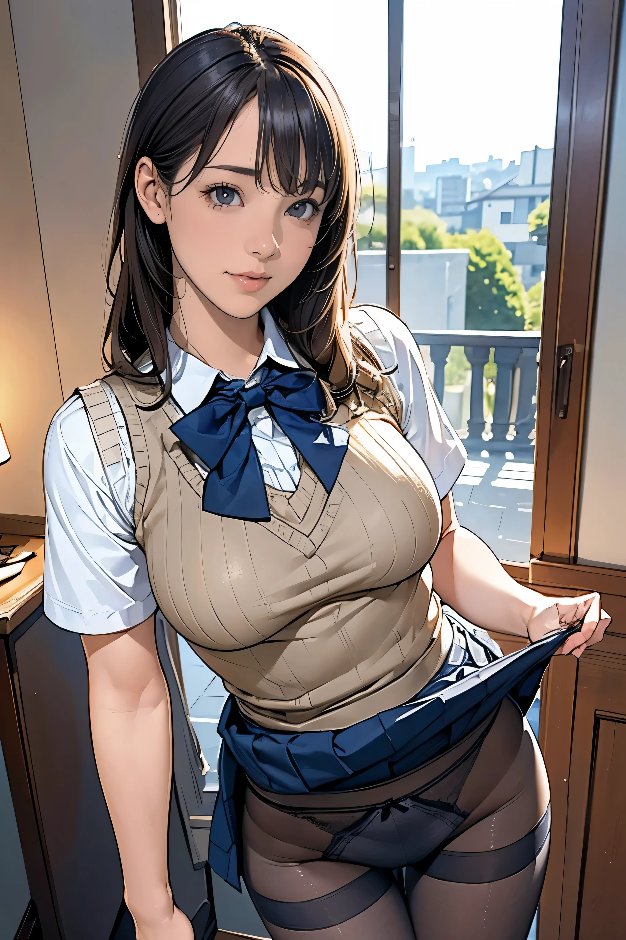 (masterpiece:1.2, highest quality), (realistic, photorealistic:1.4), beautiful illustrations, (natural side lighting, movie lighting), Depth of written boundary, Beautiful thighs looking at the viewer, (face focus, Upper body), Front view, 1 girl, English, high school girl, , perfect face, Cute symmetrical face, shiny skin, Random Uniform、
(random hairstyles、blonde), Big eyes, long eyelashes chest), thin, tall、
beautiful hair, beautiful face, fine and beautiful eyes, beautiful clavicle, beautiful body, beautiful breasts, beautiful thighs, beautiful feet, beautiful fingers, 
((fine fabric texture, Brown knitted vest, short sleeve white collar shirt, navy pleated skirt, Navy bow tie)), 
(beautiful scenery), evening, (Inside the flower shop), Are standing, (smile, Upper grade, open your mouth),  (((skirt lift, Panties and pantyhose are visible)))