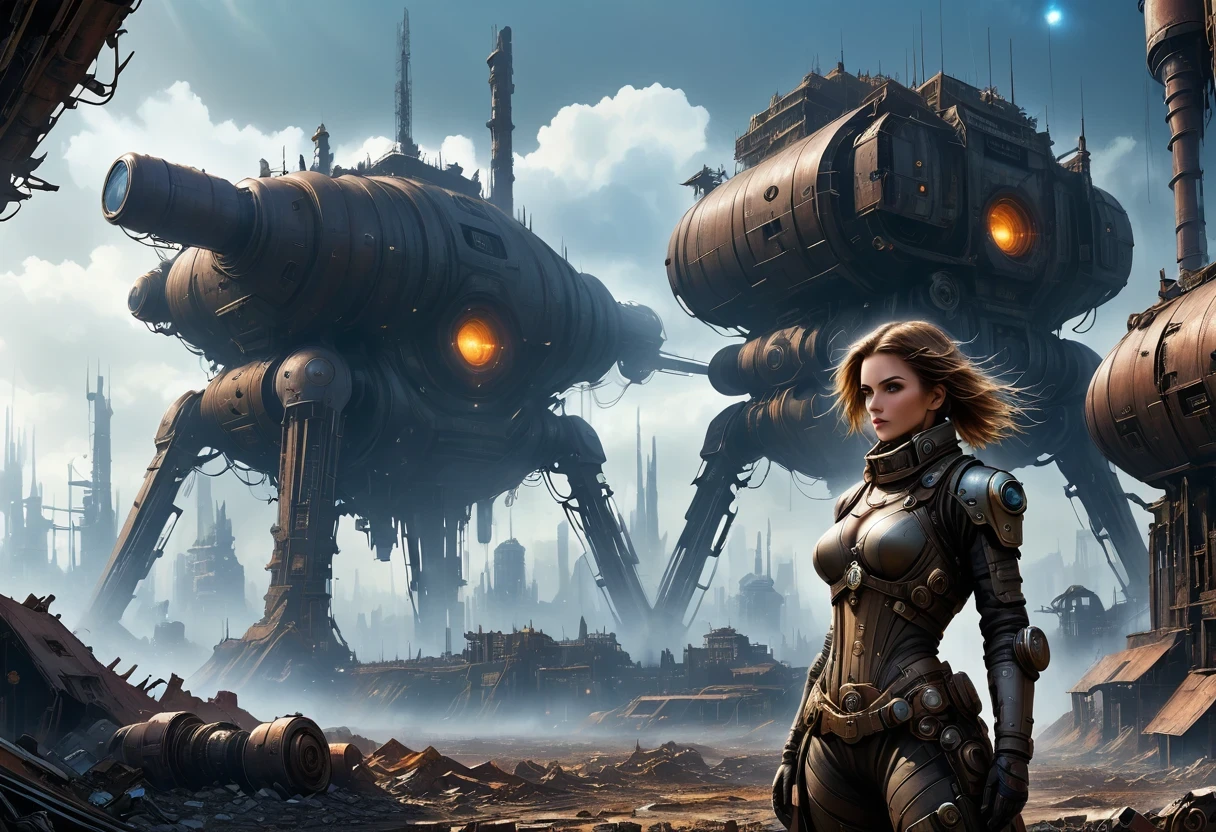 Future cyberpunk mechanical girl wearing a future gas mask walking through the destroyed future city，Silver Mechanical Girl，Mechanical joints，There are many rusty structures in the air,Destroyed large radar，Abandoned space station base， scenic Dystopian environment, Dystopian environment, Industrial science fiction, Industrial science fiction, Industrial science fiction, Steampunk space station base background, Dystopian digital concept art, Steampunk city, post-apocalyptic factory, Steampunk ruins of the future, Industrial science fiction, Steampunk concept art, Dystopian alien landscape, In a steampunk cityscape, Dystopian Landscape
