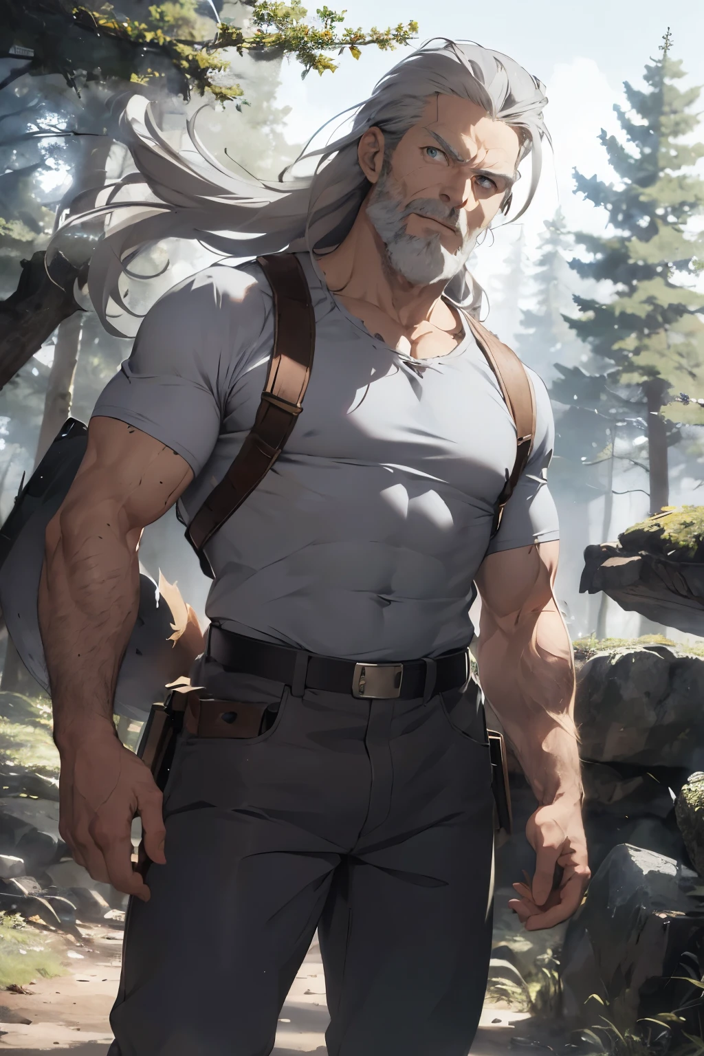 8k, wolf-liked viking man, solo, middle age, blue eyes, muscular, Very long grey hair, beautiful hair, short grey beard, white shirt, long brown trousers, intense gaze, anime, battle stance, in the forest