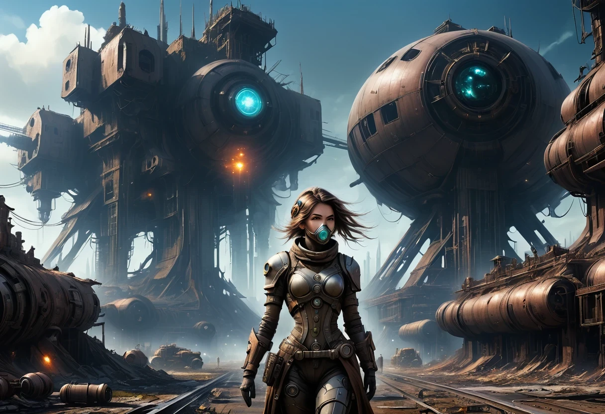 Future cyberpunk mechanical girl wearing a future gas mask walking through the destroyed future city,Silver Mechanical Girl,Mechanical joints,There are many rusty structures in the air,Destroyed large radar,Abandoned space station base, scenic Dystopian environment, Dystopian environment, Industrial science fiction, Industrial science fiction, Industrial science fiction, Steampunk space station base background, Dystopian digital concept art, Steampunk city, post-apocalyptic factory, Steampunk ruins of the future, Industrial science fiction, Steampunk concept art, Dystopian alien landscape, In a steampunk cityscape, Dystopian Landscape