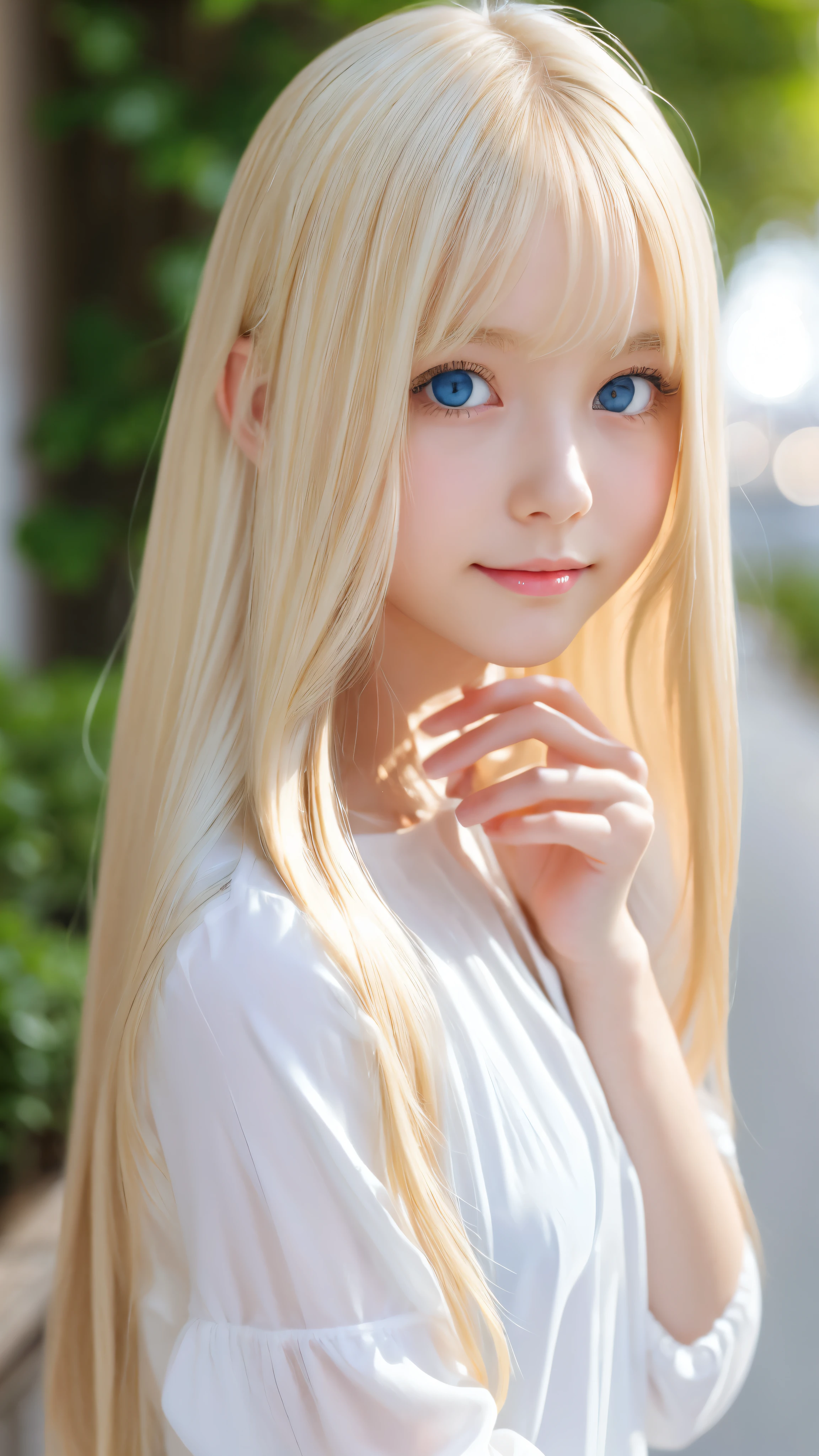 Shining, clear, white skin、Her windblown blonde hair hides her beautiful face、huge、28 years old cute sexy little beautiful face、Beautiful straight hair that stands out、growing up, Sparkling light blue eyes、long silky bangs that cover cute eyes, Sexy and cute young woman with super long hair hiding her sexy face、Super long, natural platinum blonde shiny hair