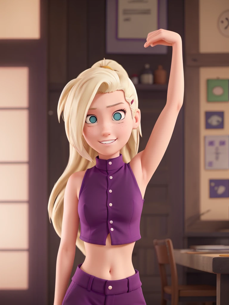 yamanaka ino, purple crop top, sleeveless, shaved armpits, long blonde hair, bangs, masterpiece