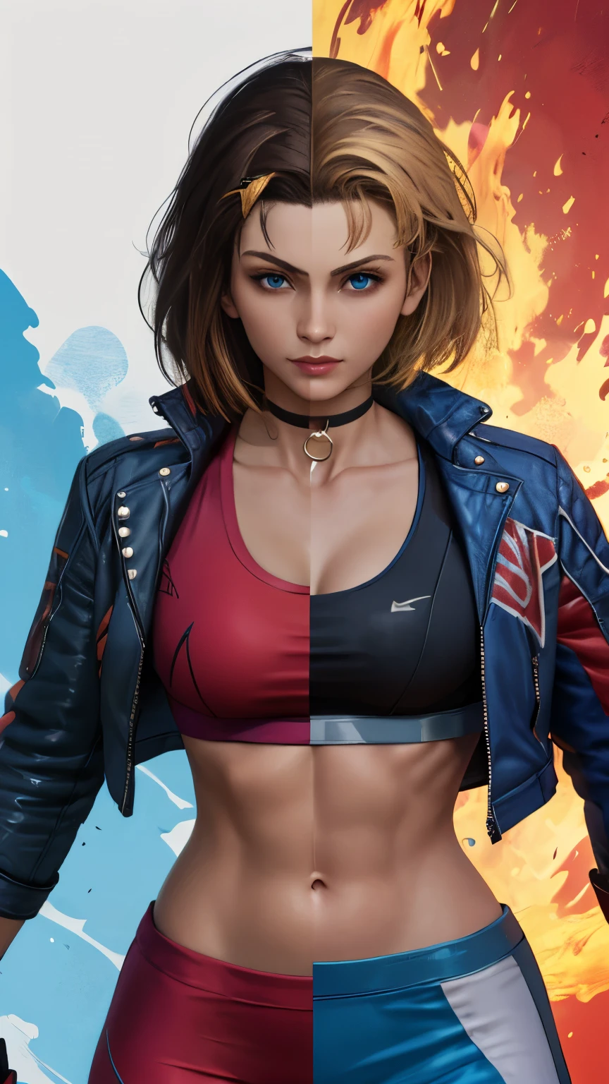 (Highly detailed, masterpiece, highly resolutions, highly quality,) fire background, ice background, 2girl, Line between the middle, Split white and blue jacket apart, split colored skin tone, brown hair and blonde split in the middle, {{{SplitScreen, split screen, BREAK azucena from tekken, brown hair, hair ornament, gloves, navel, jewelry, white jacket, flower, red midriff, red pants, hair flower, fingerless gloves, necklace, open jacket, crop top, dark skin, dark-skinned female, red midriff, red Sport bra, Muscular, brown eye.}}}, ((SplitScreen, split screen, BREAK cammy white, short hair, antenna hair, blue eyes, scar on cheek, large breasts, black choker, collarbone, blue jacket, cropped jacket, open jacket, black sports bra, black midriff, fingerless gloves, black gloves, black pants, Blonde hair 1.2, Long hair, peach skin, peach-skinned female, Muscular Blue eye.))