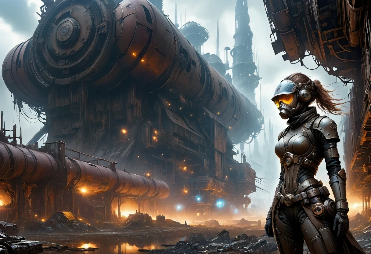 Future cyberpunk mechanical girl wearing a future gas mask walking through the destroyed future city,Silver Mechanical Girl,Mechanical joints,There are many rusty structures in the air,Destroyed large radar,Abandoned space station base, scenic Dystopian environment, Dystopian environment, Industrial science fiction, Industrial science fiction, Industrial science fiction, Steampunk space station base background, Dystopian digital concept art, Steampunk city, post-apocalyptic factory, Steampunk ruins of the future, Industrial science fiction, Steampunk concept art, Dystopian alien landscape, In a steampunk cityscape, Dystopian Landscape