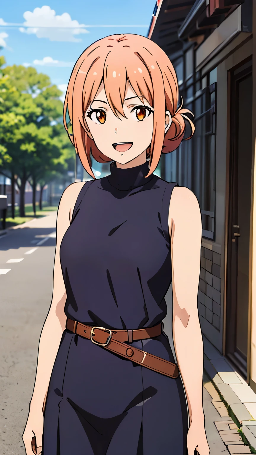 (Top quality, 8K, Masterpiece: 1.2), anime art style, Super detailed, Illustration, Yuigahama Yui's mother, 30's body, adult, Mature look, orange eyes, open mouth, smile, between the eyes, 1 girl, bun hair , shiny hair, focus only, looking at the viewer, (dress, sleeveless, belt), in the center of the image, cowboy shot