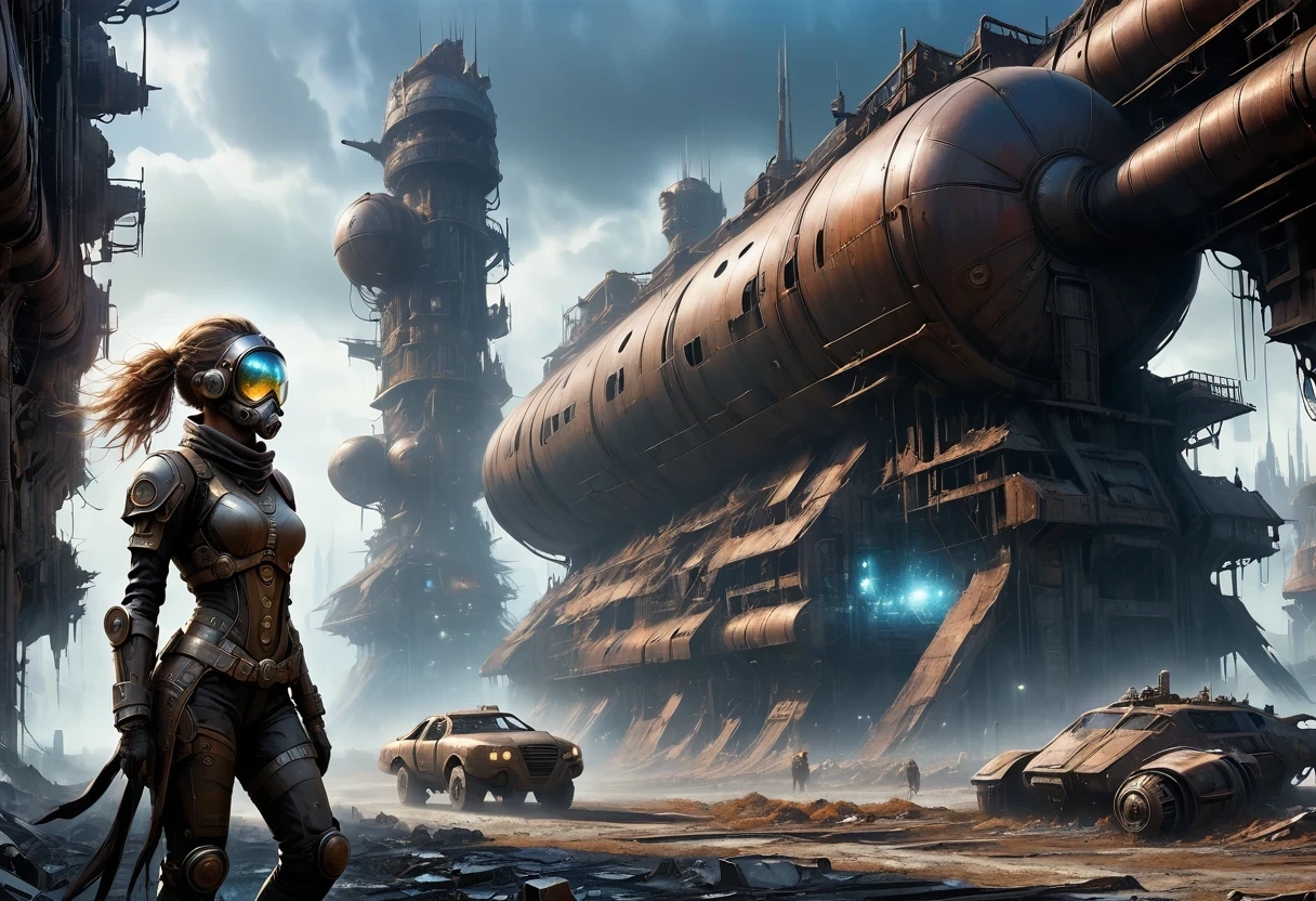 Future cyberpunk mechanical girl wearing a future gas mask walking through the destroyed future city,Silver Mechanical Girl,Mechanical joints,There are many rusty structures in the air,Destroyed large radar,Abandoned space station base, scenic Dystopian environment, Dystopian environment, Industrial science fiction, Industrial science fiction, Industrial science fiction, Steampunk space station base background, Dystopian digital concept art, Steampunk city, post-apocalyptic factory, Steampunk ruins of the future, Industrial science fiction, Steampunk concept art, Dystopian alien landscape, In a steampunk cityscape, Dystopian Landscape