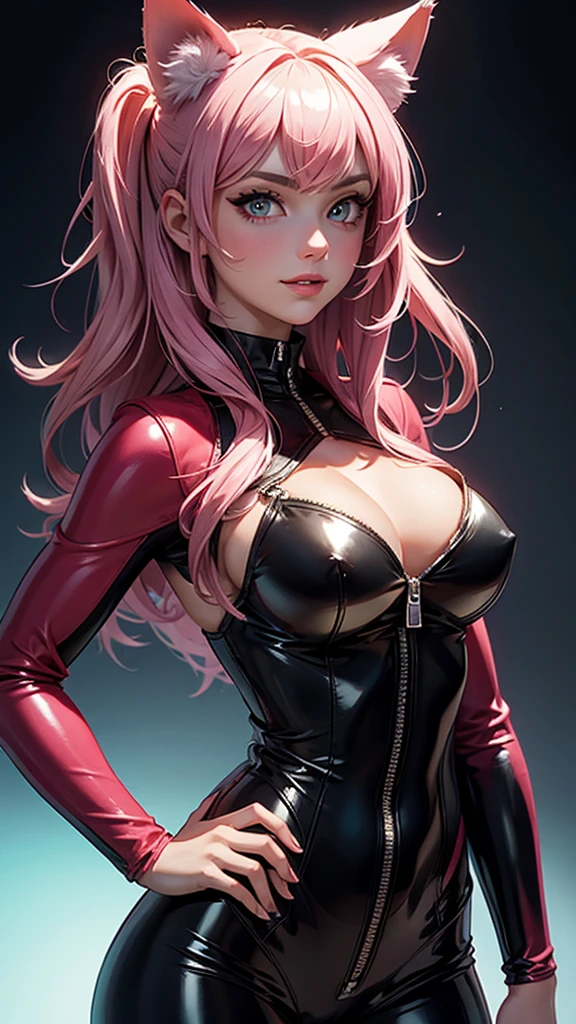 (high resolution, upper body, soft skin:1.2),(best illustration,masterpiece:1.2),ultra-detailed,[(cat ears,black fur,pink inside:1.2),vivid colors,sharp focus,portrait,studio lighting,bokeh, wearing a pink latex jumpsuit unzip to the chest, latex boots, full body portrait, smiling, hands on hips