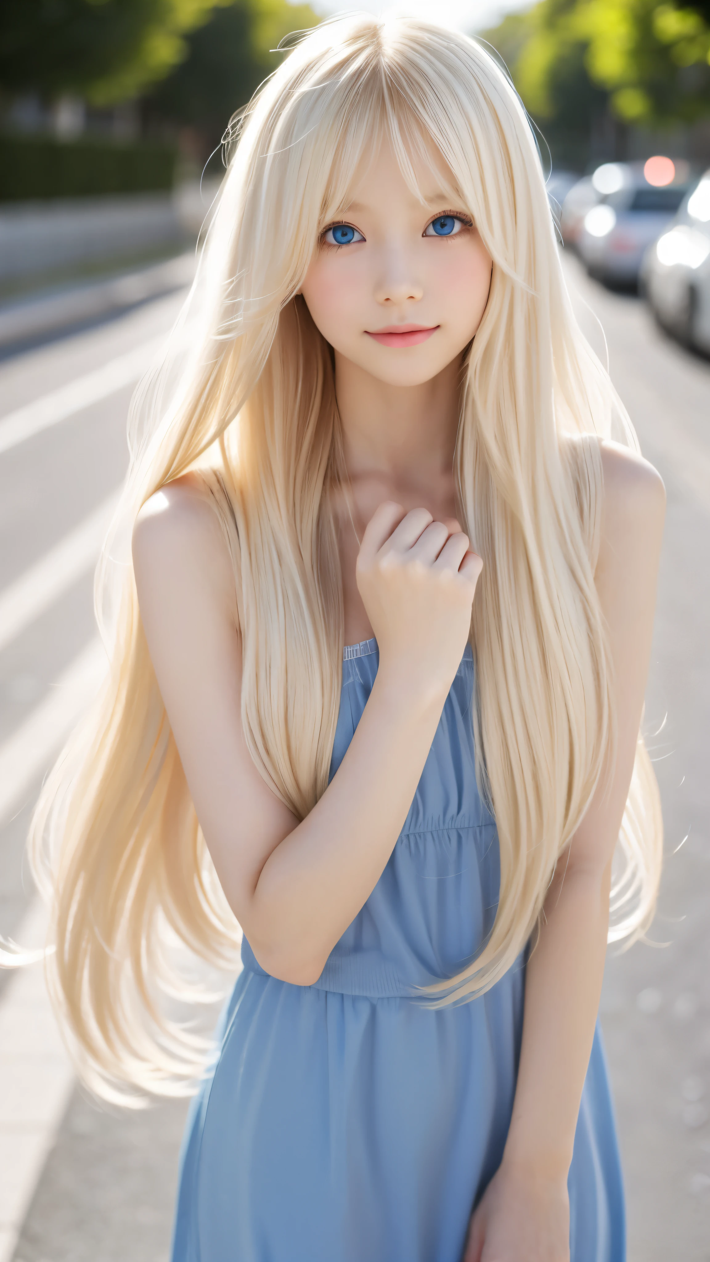 Shining, clear, white skin、Her windblown blonde hair hides her beautiful face、huge、28 years old cute sexy little beautiful face、Beautiful straight hair that stands out、growing up, Sparkling light blue eyes、long silky bangs that cover cute eyes, Sexy and cute young woman with super long hair hiding her sexy face、Super long, natural platinum blonde shiny hair