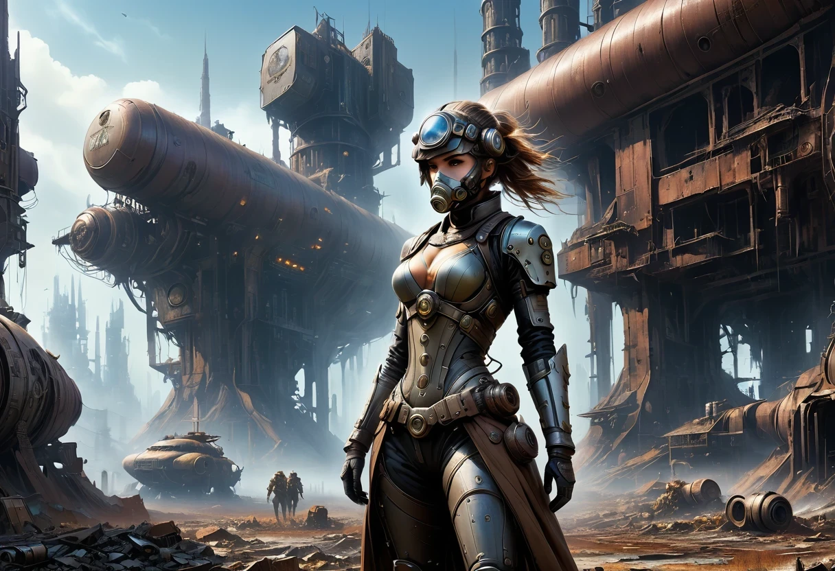 Future cyberpunk mechanical girl wearing a future gas mask walking through the destroyed future city，Silver Mechanical Girl，Mechanical joints，There are many rusty structures in the air,Destroyed large radar，Abandoned space station base， scenic Dystopian environment, Dystopian environment, Industrial science fiction, Industrial science fiction, Industrial science fiction, Steampunk space station base background, Dystopian digital concept art, Steampunk city, post-apocalyptic factory, Steampunk ruins of the future, Industrial science fiction, Steampunk concept art, Dystopian alien landscape, In a steampunk cityscape, Dystopian Landscape