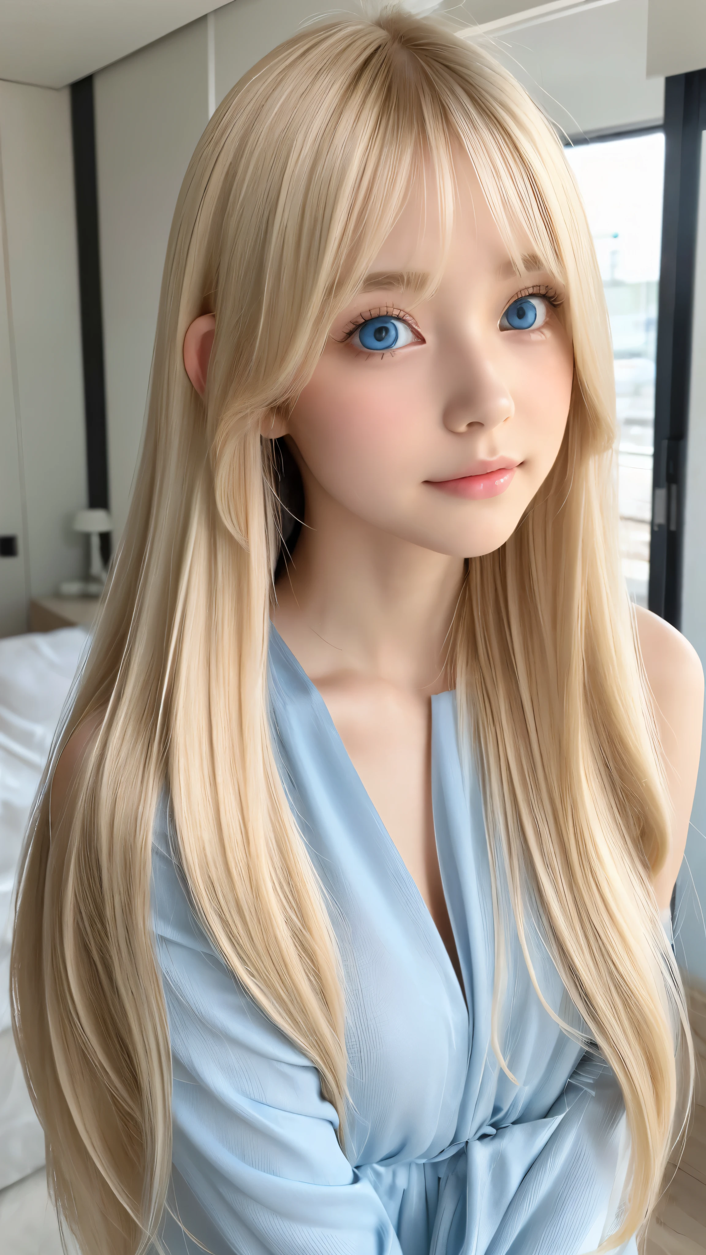 Shining, clear, white skin、Her windblown blonde hair hides her beautiful face、huge、28 years old cute sexy little beautiful face、Beautiful straight hair that stands out、growing up, Sparkling light blue eyes、long silky bangs that cover cute eyes, Sexy and cute young woman with super long hair hiding her sexy face、Super long, natural platinum blonde shiny hair