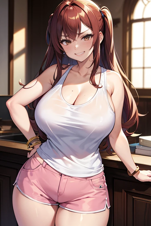 ( Ultra Masterpiece, Best quality, 8k ), Detailed Face + eyes, (Absurdres), (Skindentation), (Best shadow), (Anime), /(Tsundere face)/, /(Tsundere looks)/, (Perfect face)+, (seductive beauty)+, (Gyaru), Huge breasts, Very curvy, (auburn hair), Long hair, Bracelets, Beautiful haircut, sophisticated haircut, (amber eyes), Full lips, ( face filled with happiness, arrogant expression, grin ), (cute face), cute, ((beautiful character design)), At home, ( Intricate Clothes, intricate clothes ), BREAK, Professional photo, (Toned legs, Thick thighs), Big breasts, Ray tracing, (Perfect face)+, Octane render, good looking tank-top, ((white) loose tank-top: 1.3), tank top, good-looking shorts, ((pink) shorts: 1.2), shorts, open clothes, (cleavage), Huge breasts, (Shiny skin), (healthy body), 1 Female, (bold and assertive pose), (Very sexy+, Gorgeous woman++, young beautiful woman+), ( Facing the viewer ), ((Tsundere))+
