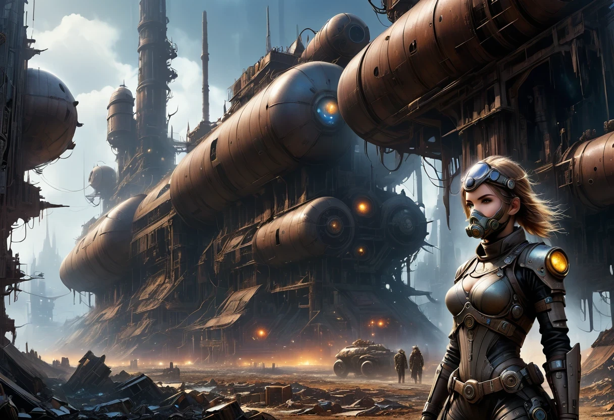 Future cyberpunk mechanical girl wearing a future gas mask walking through the destroyed future city,Silver Mechanical Girl,Mechanical joints,There are many rusty structures in the air,Destroyed large radar,Abandoned space station base, scenic Dystopian environment, Dystopian environment, Industrial science fiction, Industrial science fiction, Industrial science fiction, Steampunk space station base background, Dystopian digital concept art, Steampunk city, post-apocalyptic factory, Steampunk ruins of the future, Industrial science fiction, Steampunk concept art, Dystopian alien landscape, In a steampunk cityscape, Dystopian Landscape