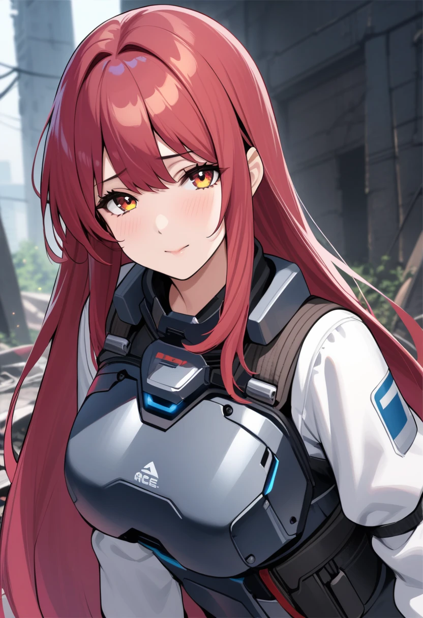 (Practical:1.2),Aesthetic feeling,Beautiful and detailed,masterpiece,Top image quality,Top graphics,(cinematic quality:1.2),solo,(Upper Body),A woman,Body armor and shirts,extremely detailed messy long hair,beautiful detailed eyes,Science Fiction,In the ruins of electrical appliances,Depth of Field