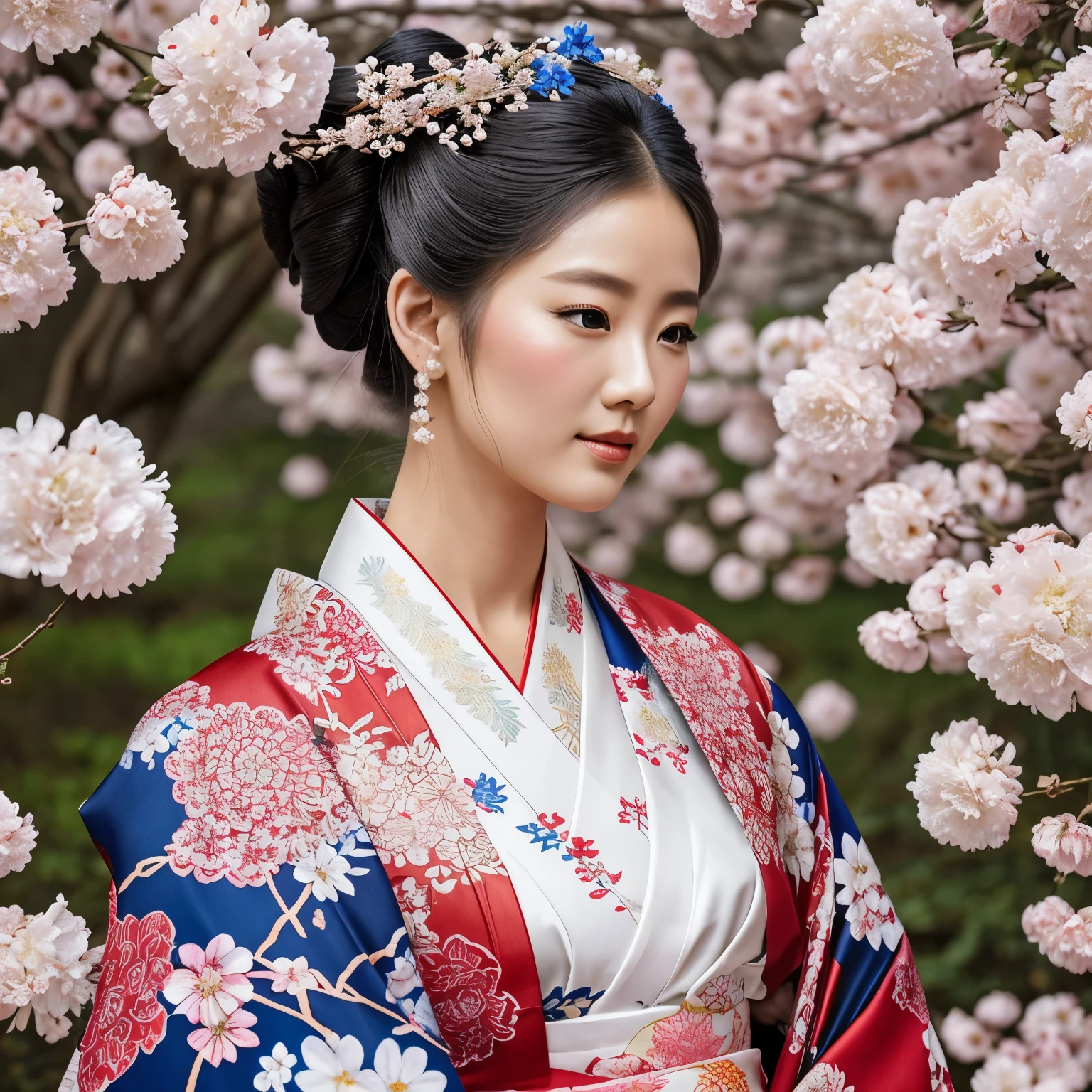 A beautiful woman wearing a traditional Japanese kimono, surrounded by beautiful flowers, beautiful face, hair styled in an intricate updo decorated with white and red flowers, and a kimono with an intricate design with floral motifs in shades of white, red and blue, with a background filled with branches flowers, oil paint and ink paint