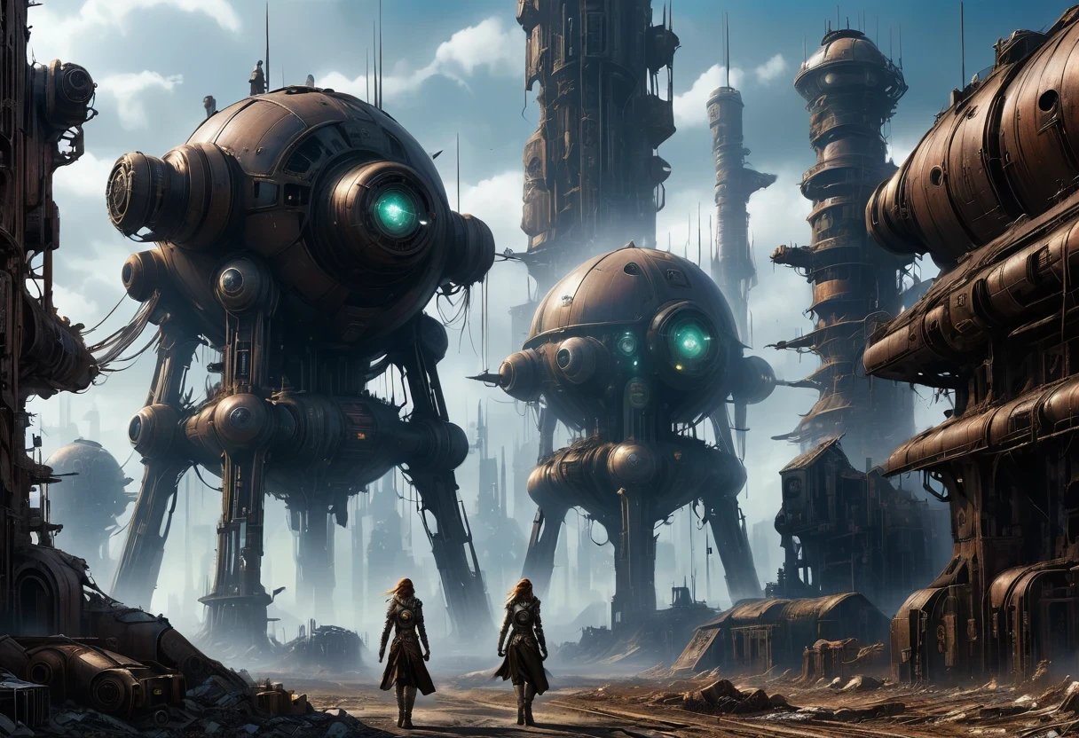 Future cyberpunk mechanical girl wearing a future gas mask walking through the destroyed future city,Silver Mechanical Girl,Mechanical joints,There are many rusty structures in the air,Destroyed large radar,Abandoned space station base, scenic Dystopian environment, Dystopian environment, Industrial science fiction, Industrial science fiction, Industrial science fiction, Steampunk space station base background, Dystopian digital concept art, Steampunk city, post-apocalyptic factory, Steampunk ruins of the future, Industrial science fiction, Steampunk concept art, Dystopian alien landscape, In a steampunk cityscape, Dystopian Landscape