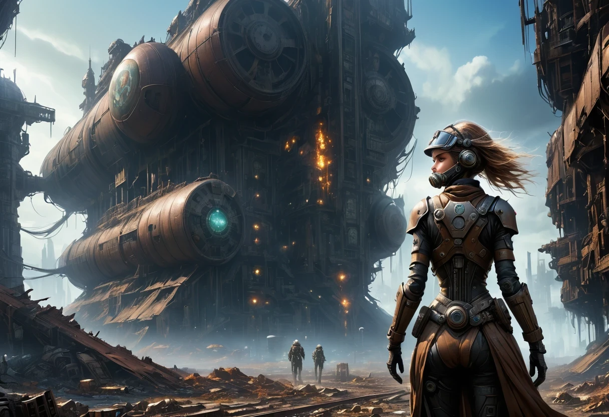 Future cyberpunk mechanical girl wearing a future gas mask walking through the destroyed future city,Silver Mechanical Girl,Mechanical joints,There are many rusty structures in the air,Destroyed large radar,Abandoned space station base, scenic Dystopian environment, Dystopian environment, Industrial science fiction, Industrial science fiction, Industrial science fiction, Steampunk space station base background, Dystopian digital concept art, Steampunk city, post-apocalyptic factory, Steampunk ruins of the future, Industrial science fiction, Steampunk concept art, Dystopian alien landscape, In a steampunk cityscape, Dystopian Landscape