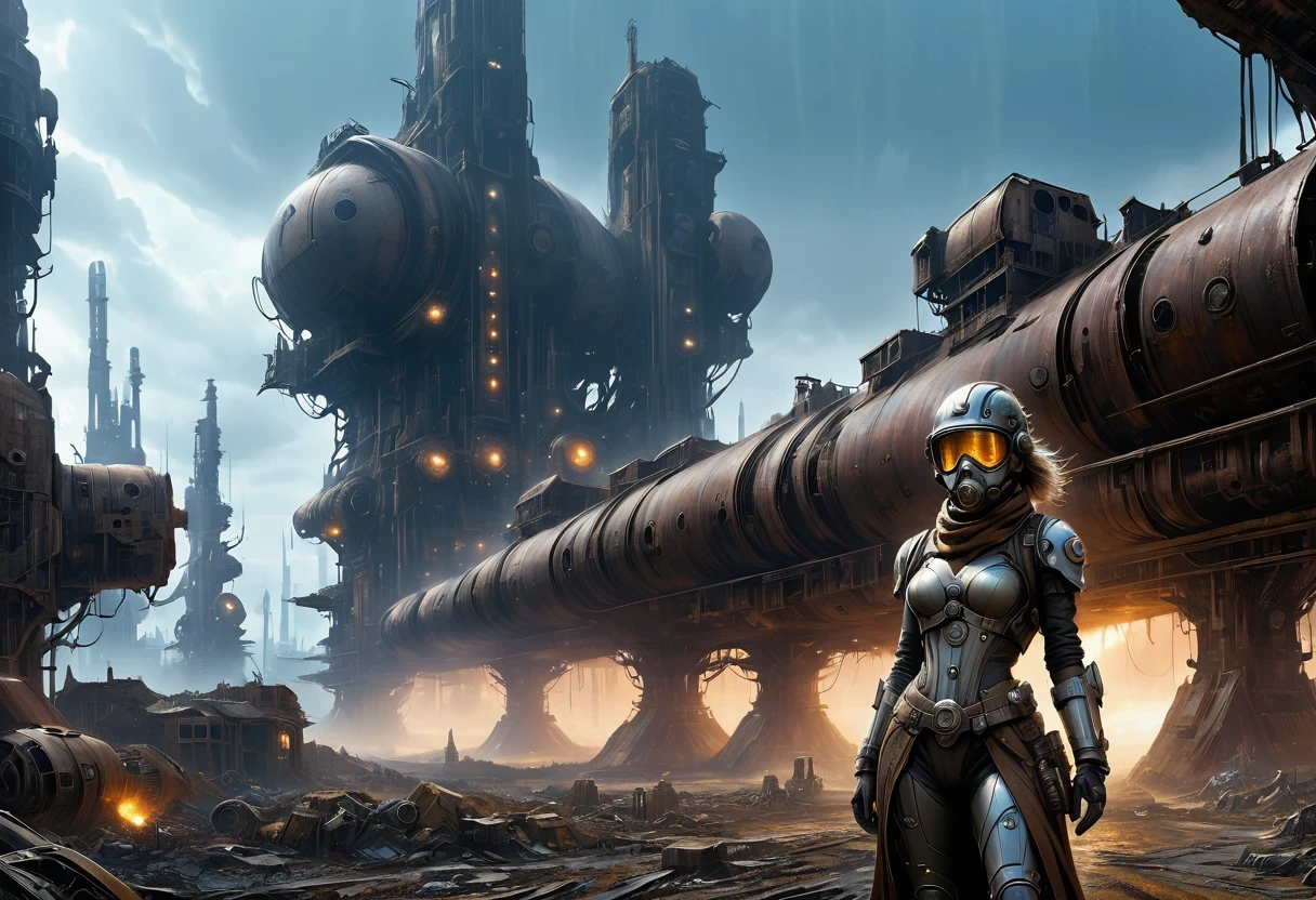 Future cyberpunk mechanical girl wearing a future gas mask walking through the destroyed future city,Silver Mechanical Girl,Mechanical joints,There are many rusty structures in the air,Destroyed large radar,Abandoned space station base, scenic Dystopian environment, Dystopian environment, Industrial science fiction, Industrial science fiction, Industrial science fiction, Steampunk space station base background, Dystopian digital concept art, Steampunk city, post-apocalyptic factory, Steampunk ruins of the future, Industrial science fiction, Steampunk concept art, Dystopian alien landscape, In a steampunk cityscape, Dystopian Landscape