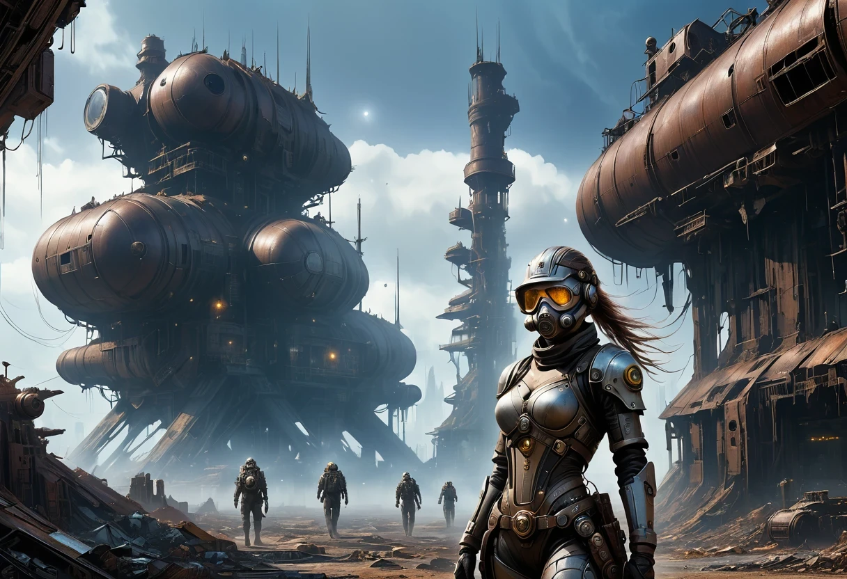 Future cyberpunk mechanical girl wearing a future gas mask walking through the destroyed future city,Silver Mechanical Girl,Mechanical joints,There are many rusty structures in the air,Destroyed large radar,Abandoned space station base, scenic Dystopian environment, Dystopian environment, Industrial science fiction, Industrial science fiction, Industrial science fiction, Steampunk space station base background, Dystopian digital concept art, Steampunk city, post-apocalyptic factory, Steampunk ruins of the future, Industrial science fiction, Steampunk concept art, Dystopian alien landscape, In a steampunk cityscape, Dystopian Landscape
