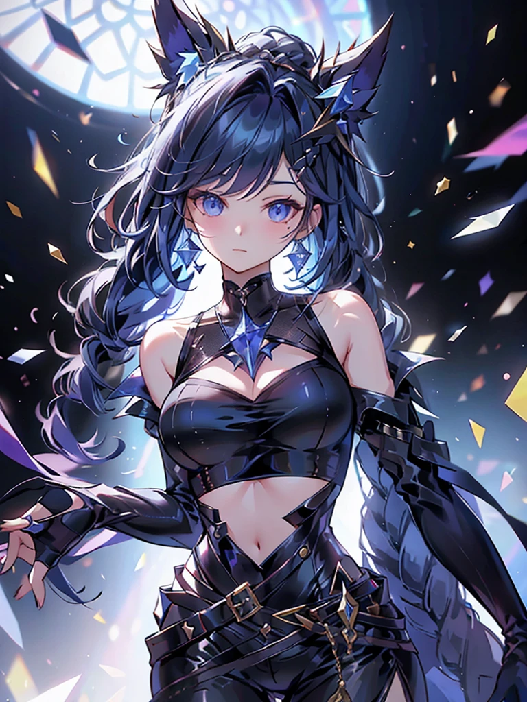 20-year-old girl、wearing a black elegant hat、Rune background、black magician、Wearing a black robe、mesmerize、cute woman、Elegant hairstyle、indigo hair color、Slightly shorter hair、blue eyes、look at the viewer、masterpiece、Best image、