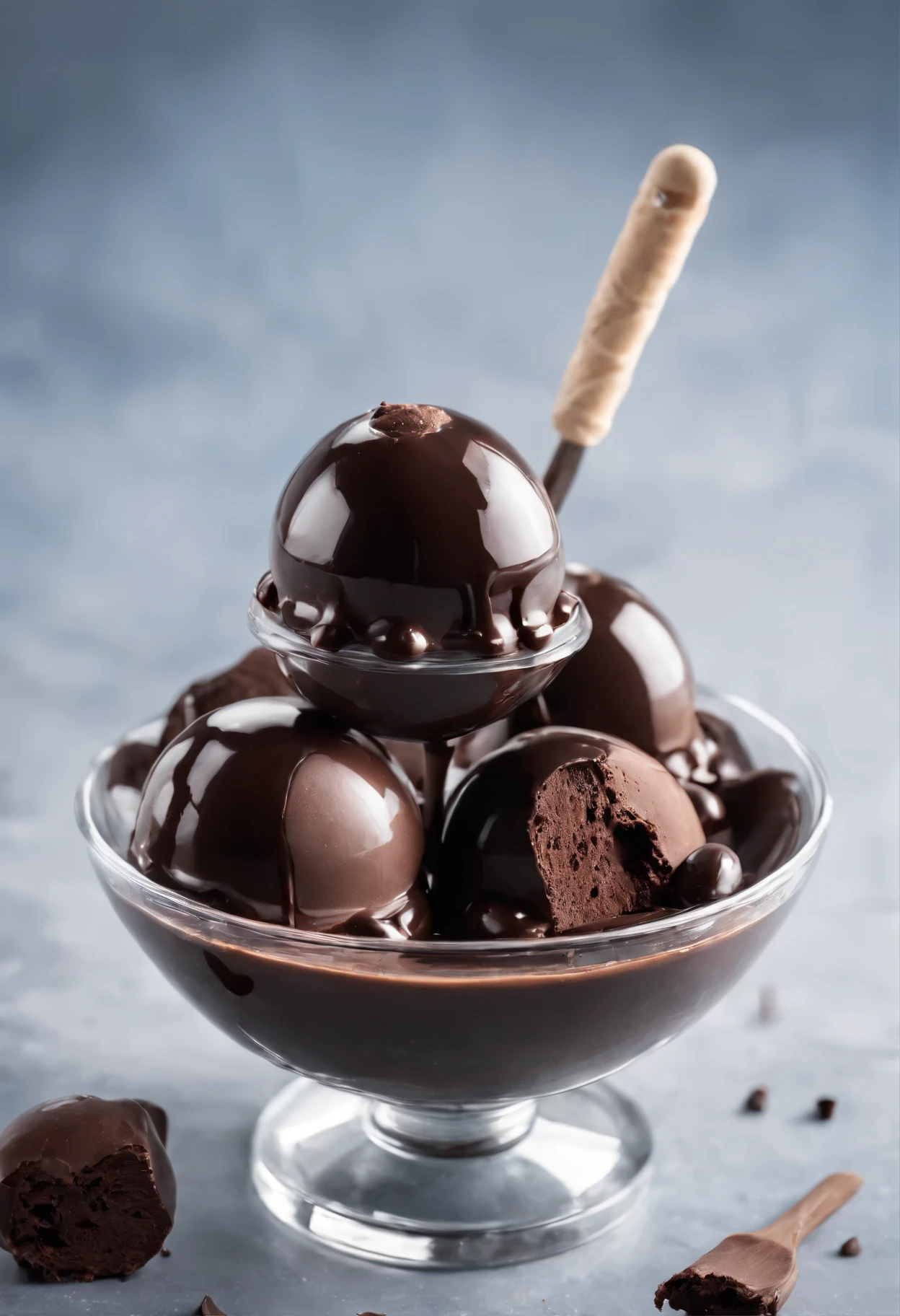 A glass ice cream bowl with three scoops of chocolate ice cream covered in chocolate syrup on a table.