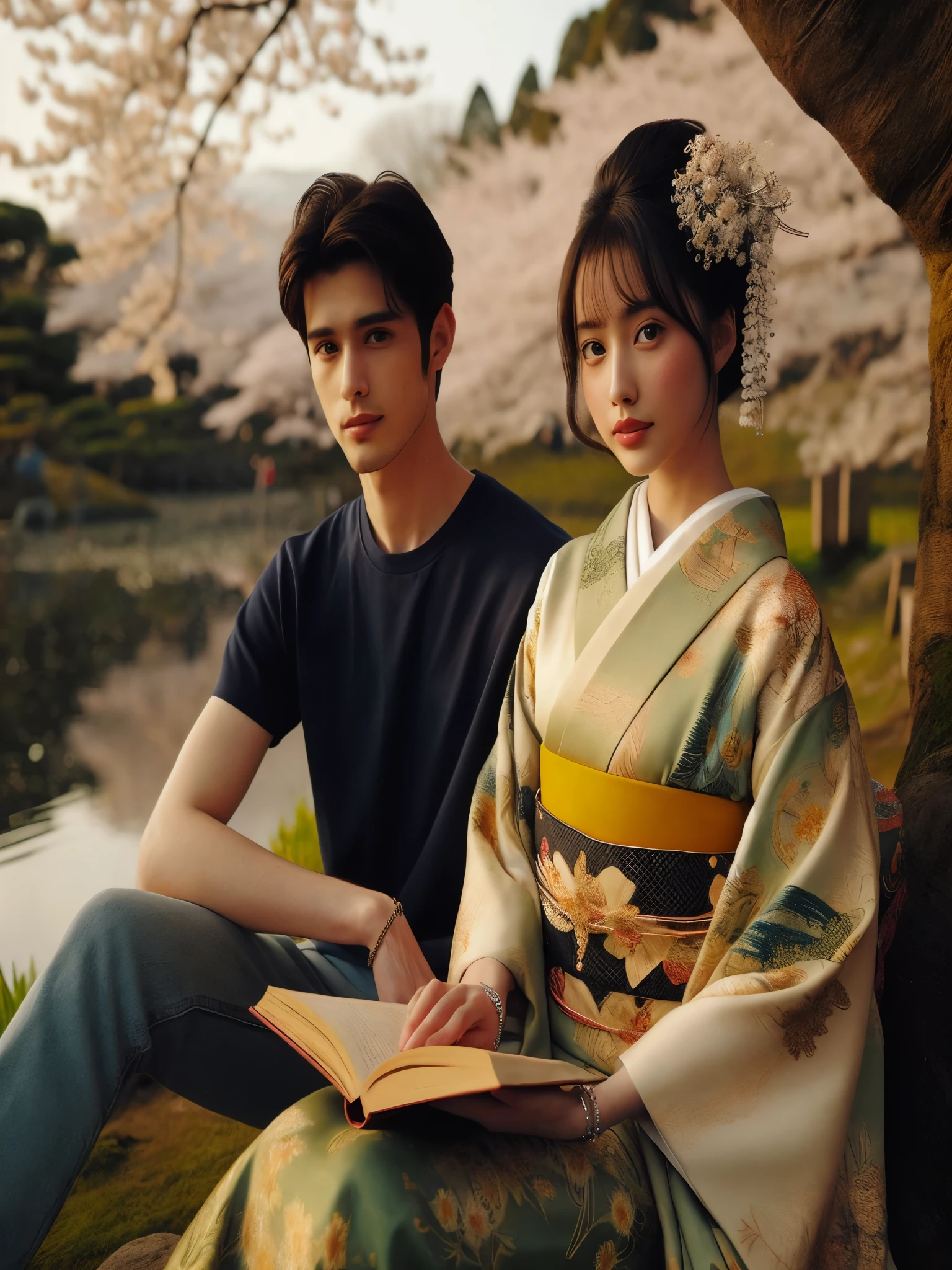 Mahakarya fotografi profesional seorang gadis cantik Indo-Jepang, 18 tahun, mengenakan kimono berpadu warna putih-hitam-hijau-kuning motif batik emas. Perhiasan perak, duduk anggun di samping Pria muda berkaos navy, rambut pendek, celana jean, sambil membaca buku di samping pohon sakura di tepi kolam, pemandangan jauh, bokeh, pencahayaan lembut, hangat, sore hari, musim semi. Professional Fotografi, resolusi tinggi 64k, gambar sudut lebar, HDR