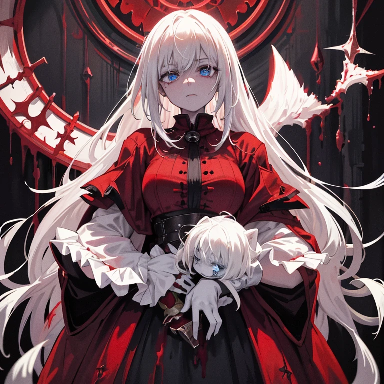 In the heart of a horrifying blood-soaked fantasy RPG scene, a pale blonde adult woman stands out, her ethereal beauty contrasting the gory surroundings. Blood covers her entire body, dripping from and staining her once pristine white dress. Her once vibrant blue eyes are now scarlet red, a clear sign of the terror she's endured. A haunted expression etched on her face, she clutches a crimson-stained weapon, its bloody edge glinting in the dimly lit room. The altar, bathed in the eerie flicker of torchlight, looms behind her, the center of the gruesome ritual. The pallor