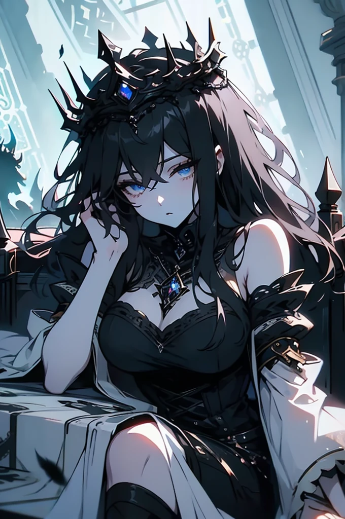 (((masterpiece))),best quality, illustration,(beautiful detailed girl),bare shoulders,flat_chst,diamond and glaring eyes,beautiful detailed cold face,very long blue and sliver hair,floaing black feathers,wavy hair,black and white sleeves,gold and sliver fringesl,a silver triple crown inlaid with obsidian,(sit) on the black ((throne)), (depth) of (field),big_breasts