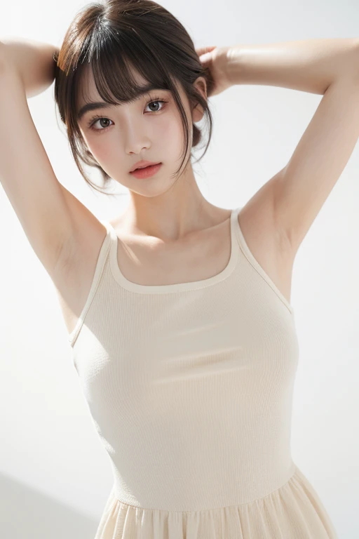 (Best image quality)、Ultra-Realistic Capture、19-year-old Japanese woman、Natural Eyes、cute、bob hair、With bangs、Show your armpits、Sleeveless dress、White Background、Natural light、Shiny skin、Orange Makeup