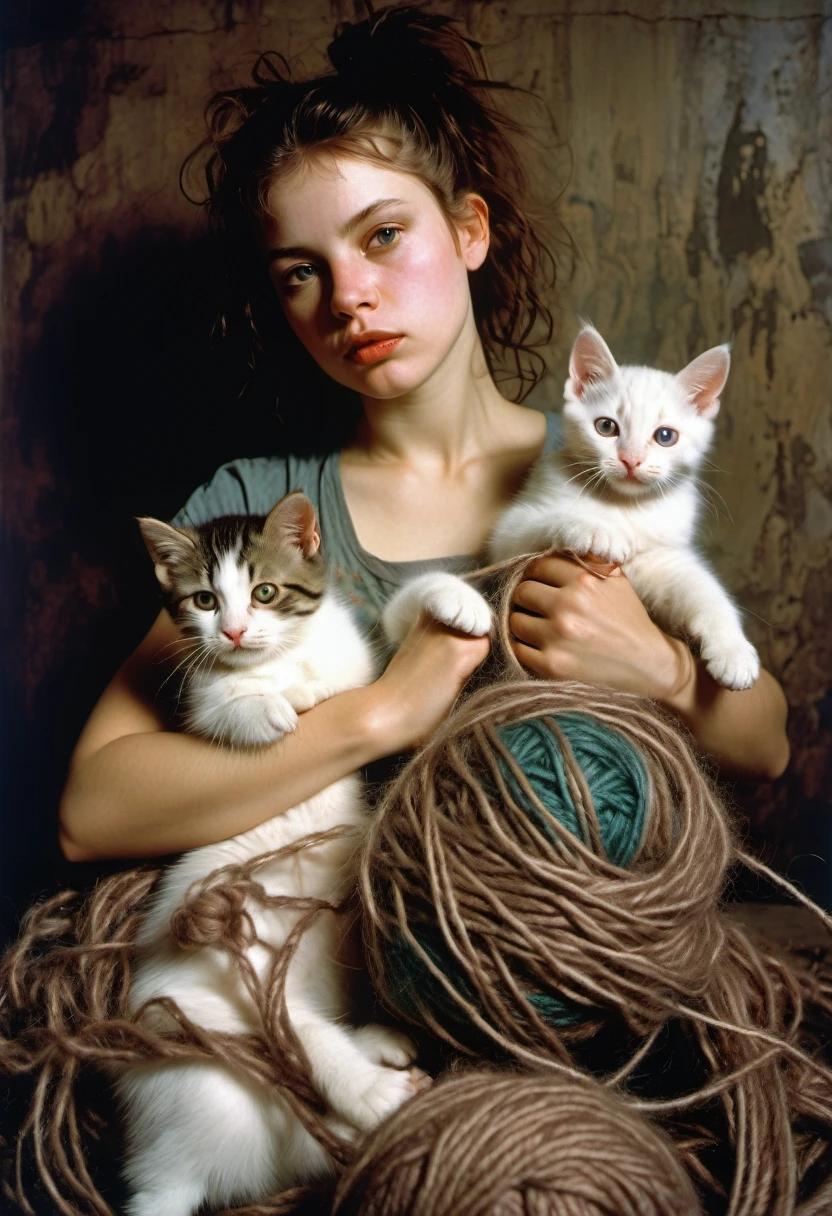 Art by eRA lEISNER, Jan Saudek and Jenny Saville ,Max Ernstrunepunk , girl and  kittens tangled in yarn from ball of wool, detailed photo fujifilm provia 400x, massurrealism, luminous shadows, renaissance-inspired chiaroscuro, HDRI