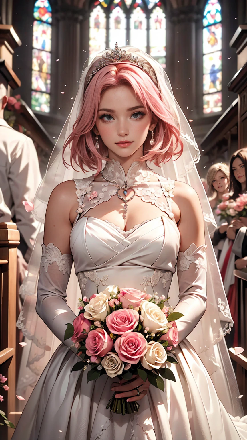 Sakura Haruno, ((alone)), alone, bride, Wearing a white wedding dress, Queen, Happy, ((Show your forehead)), Are standing, Entering the Church, Pink Hair, short hair, delicate, young, short hair, Detailed face, High resolution, ((whole body)), (Flowers around her), whole body, she is a beautiful woman getting married, High quality face, beautiful, Shine