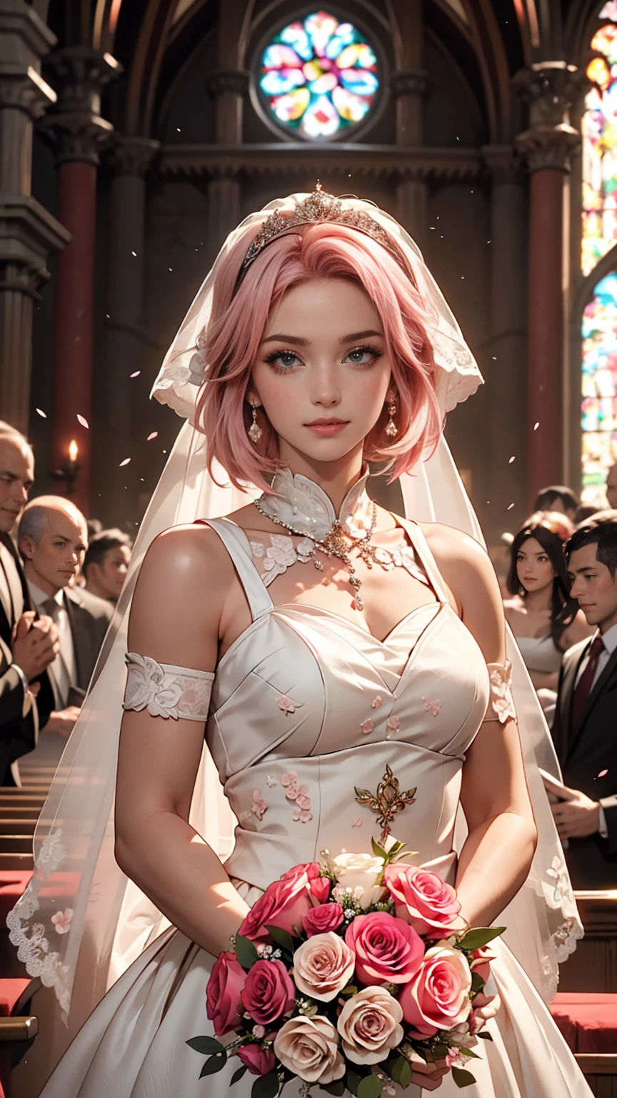 Sakura Haruno, ((alone)), alone, bride, Wearing a white wedding dress, Queen, Happy, ((Show your forehead)), Are standing, Entering the Church, Pink Hair, short hair, delicate, young, short hair, Detailed face, High resolution, ((whole body)), (Flowers around her), whole body, she is a beautiful woman getting married, High quality face, beautiful, Shine