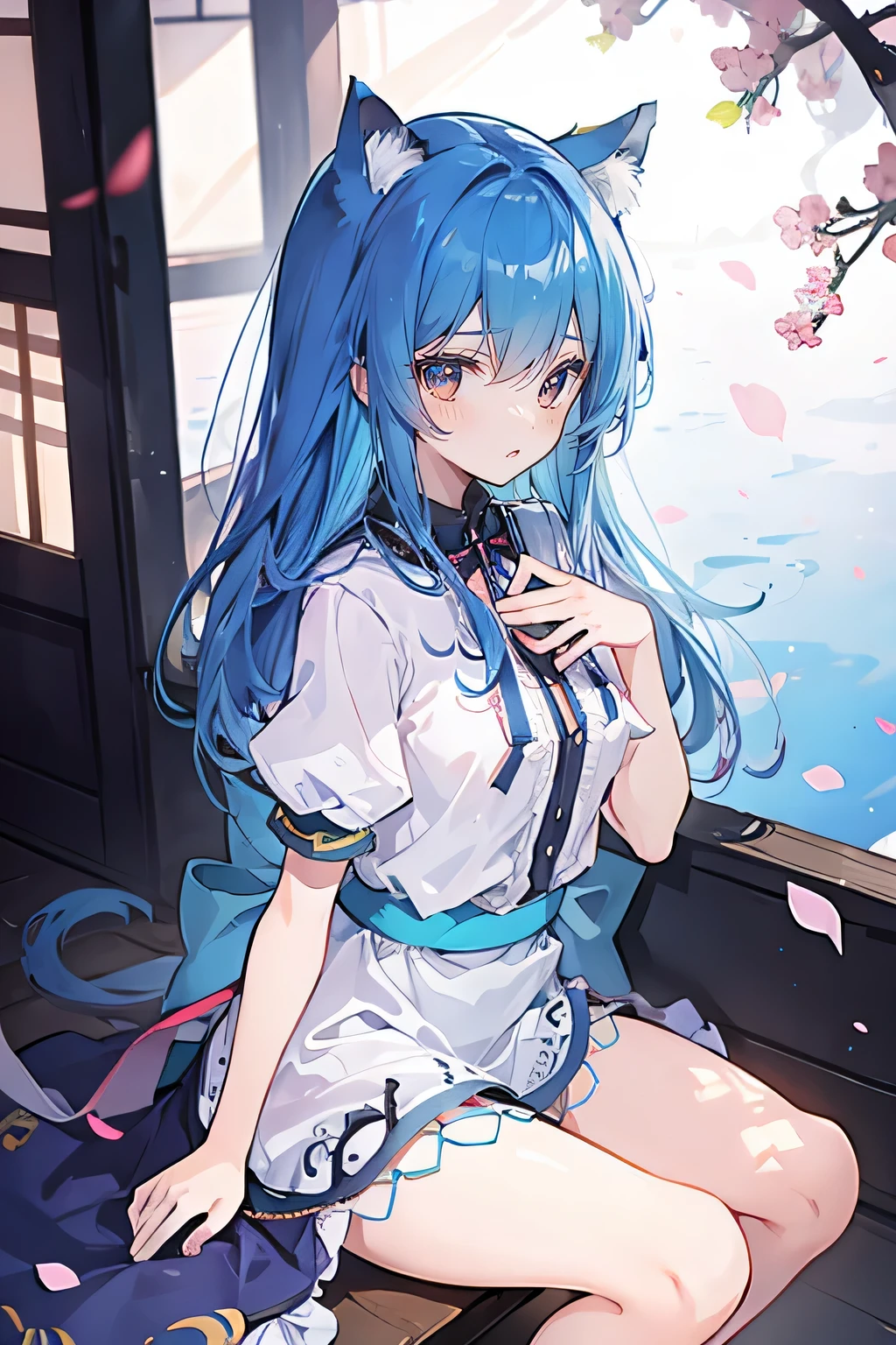 (masterpiece:1.2),ultra-detailed,realistic,expressive eyes,fair-skinned,perfectly shaped face,1girl,
Japanese cartoons,Gorgeous blue hair, flowing blue hair,floating clothes,cat ears,petals falling,beautiful Lola,Hina Angel,
hands on waist,gracefully sitting on the ground,legs crossed,gentle and serene background,cool and comfortable pavilion.