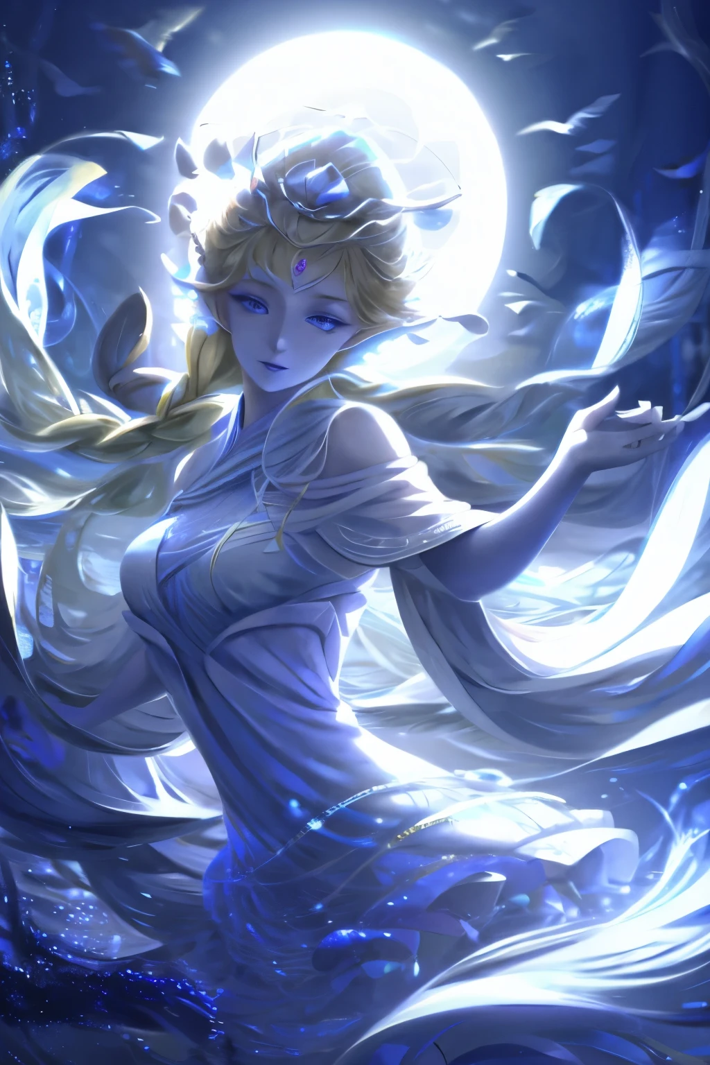 ,((best quality))),8k,((masterpiece)),(Extremely exquisite and beautiful), A girl came out of the sea, mythical swan princess, Beautiful calm face, blue eyes, Long Blonde Braid, Moon braid hair behind the head, Dressed in white shiny old clothes,Wearing the Kokoshnik crown, Affectionate gaze, Half a smile, A gentle expression on his face, Sea view and sun in the background, Seagulls in the sky, full length, realism
