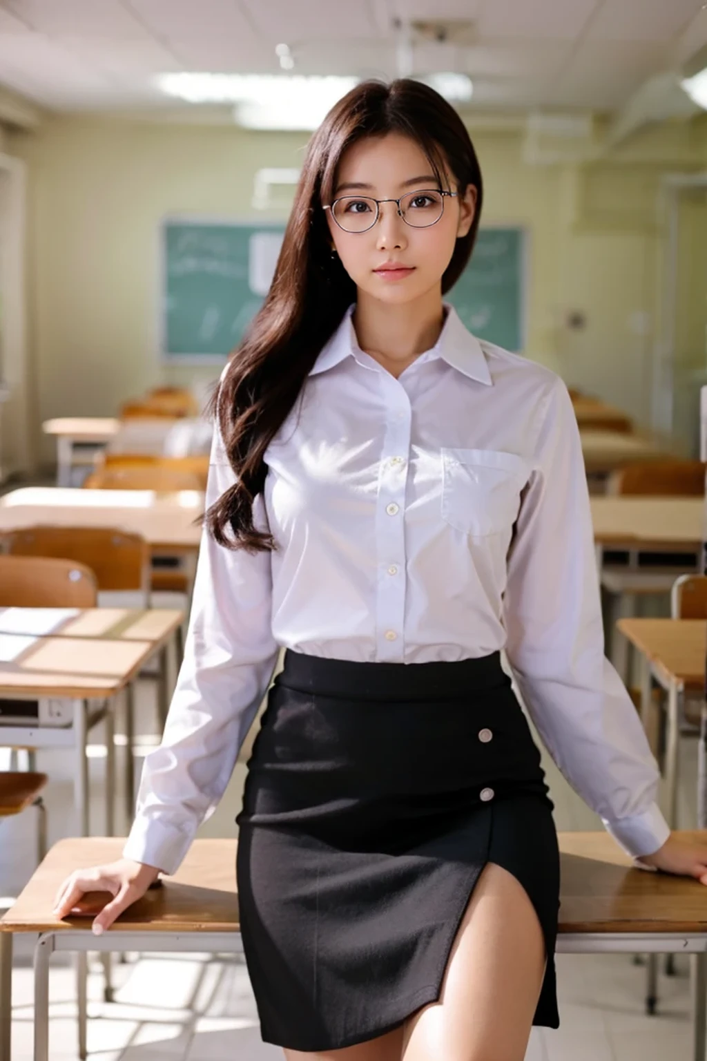 Ultra-realistic capture, Highly detailed, High resolution 16k close-up of human skin. Skin texture must be natural, With such detail that pores can be finely identified. Skin should look healthy, In a uniform tone. Use natural light and color, mega breasts, dress shirt, black High-waisted Tight Skirt, Glasses, High heels, thirties, medium layer, School classroom, leaning forward, Full Body Shot, full body, business shirt