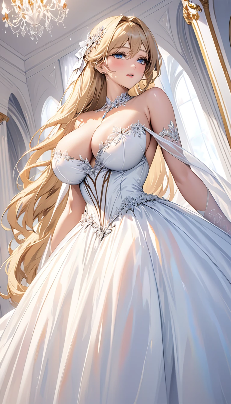 masterpiece:1.4,best-quality,Super Detail,Very Delicate and Beautiful, (( nsfw, low angle shot )), The world's most slutty woman, black and white ball gown, blonde long hair, very gigantic breasts, cleavage, very slender, perfect face