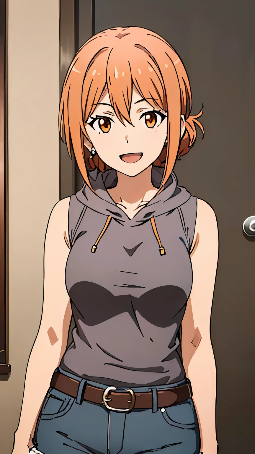 (Top quality, 8K, Masterpiece: 1.2), anime art style, Super detailed, Illustration, Yuigahama Yui's mother, 30's body, medium breasts, adult, Mature look, orange eyes, open mouth, smile, between the eyes, 1 girl, bun hair , shiny hair, focus only, looking at the viewer, (earrings, orange hoodie, sleeveless, side bust, gray shorts, belt),stylish pose, stylish angle, in the center of the image, cowboy shot