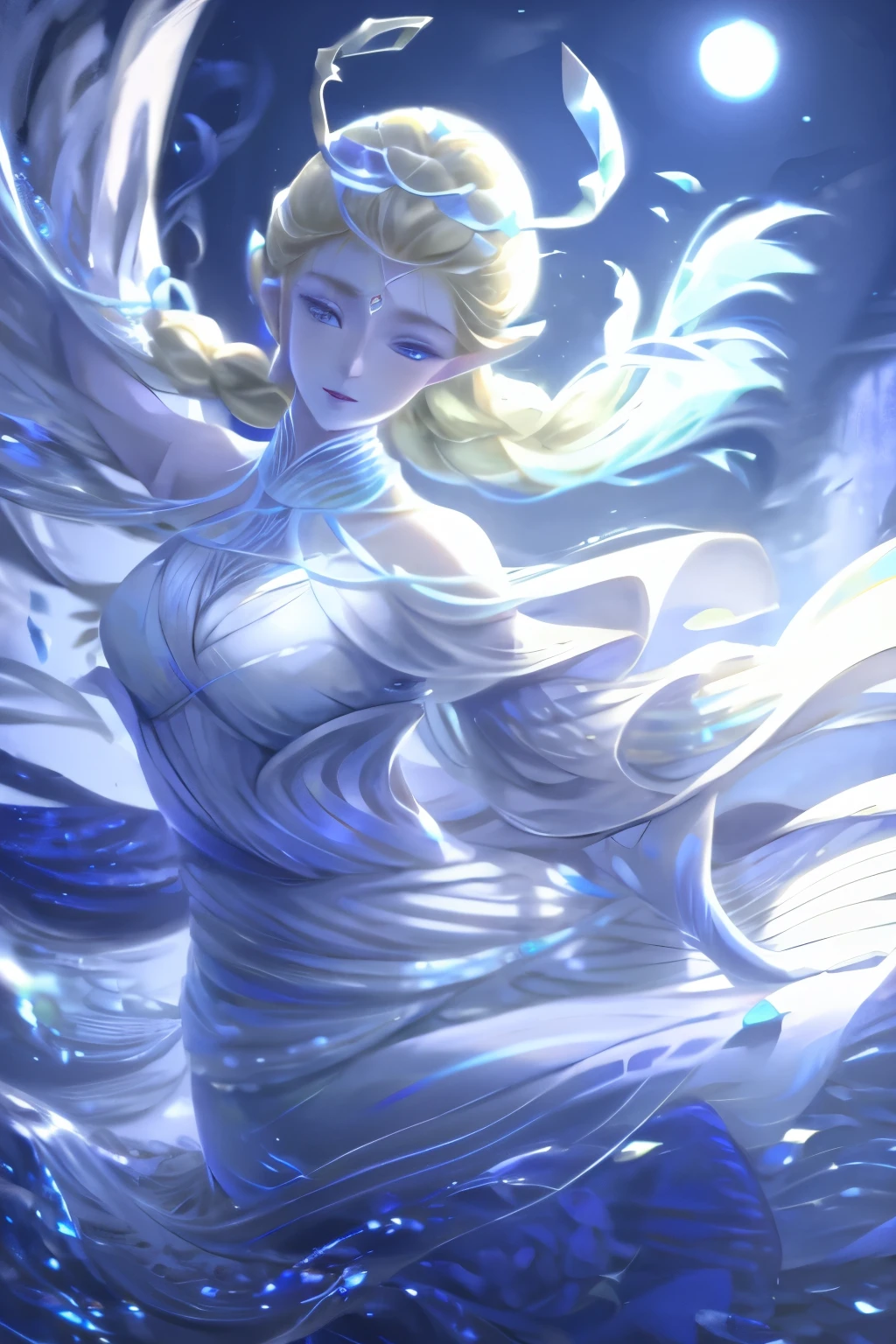 ,((best quality))),8k,((masterpiece)),(Extremely exquisite and beautiful), A girl came out of the sea, mythical swan princess, Beautiful calm face, blue eyes, Long Blonde Braid, Moon braid hair behind the head, Dressed in white shiny old clothes,Wearing the Kokoshnik crown, Affectionate gaze, Half a smile, A gentle expression on his face, Sea view and sun in the background, Seagulls in the sky, full length, realism