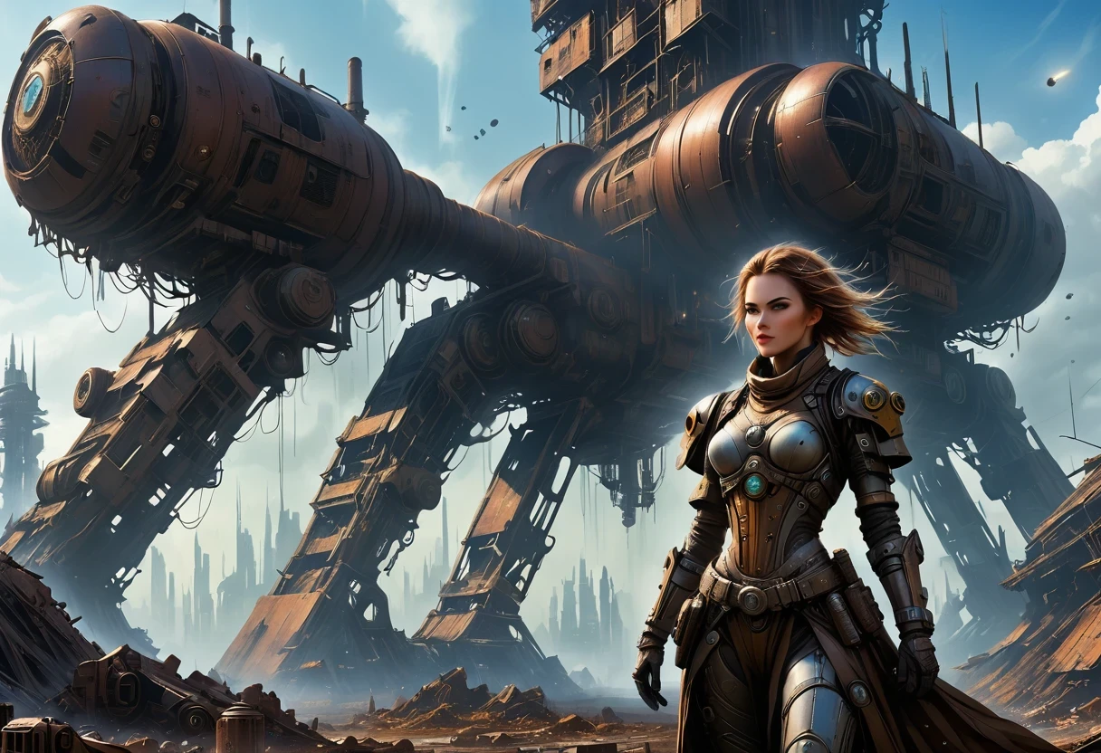 Future cyberpunk mechanical girl wearing a future gas mask walking through the destroyed future city,Silver Mechanical Girl,Mechanical joints,There are many rusty structures in the air,Destroyed large radar,Abandoned space station base, scenic Dystopian environment, Dystopian environment, Industrial science fiction, Industrial science fiction, Industrial science fiction, Steampunk space station base background, Dystopian digital concept art, Steampunk city, post-apocalyptic factory, Steampunk city of the future, Industrial science fiction, Steampunk concept art, Dystopian alien landscape, In a steampunk cityscape, Dystopian Landscape