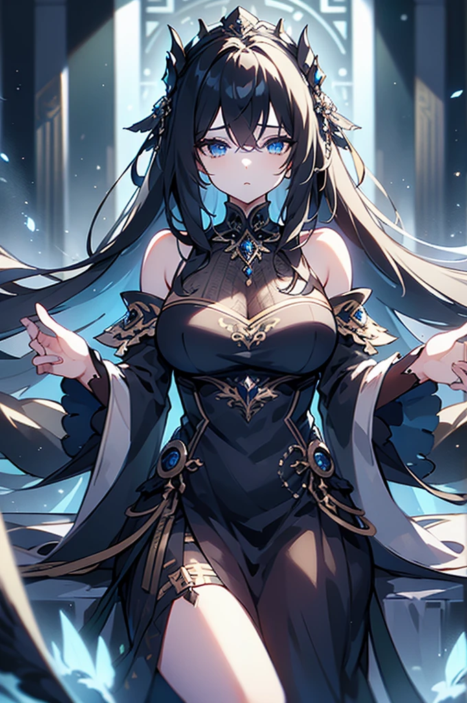 (((masterpiece))),best quality, illustration,(beautiful detailed girl),bare shoulders,flat_chst,diamond and glaring eyes,beautiful detailed cold face,very long blue and sliver hair,floaing black feathers,wavy hair,black and white sleeves,gold and sliver fringesl,a silver triple crown inlaid with obsidian,(sit) on the black ((throne)), (depth) of (field),big_breasts