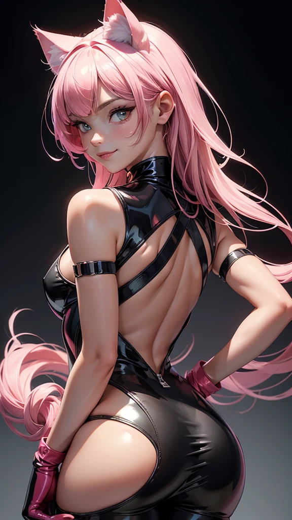(high resolution, upper body, soft skin:1.2),(best illustration,masterpiece:1.2),ultra-detailed,[(cat ears,black fur,pink inside:1.2),vivid colors,sharp focus,portrait,studio lighting,bokeh, wearing a pink latex jumpsuit  to the , latex boots, full body portrait, smiling, hands on , back turned