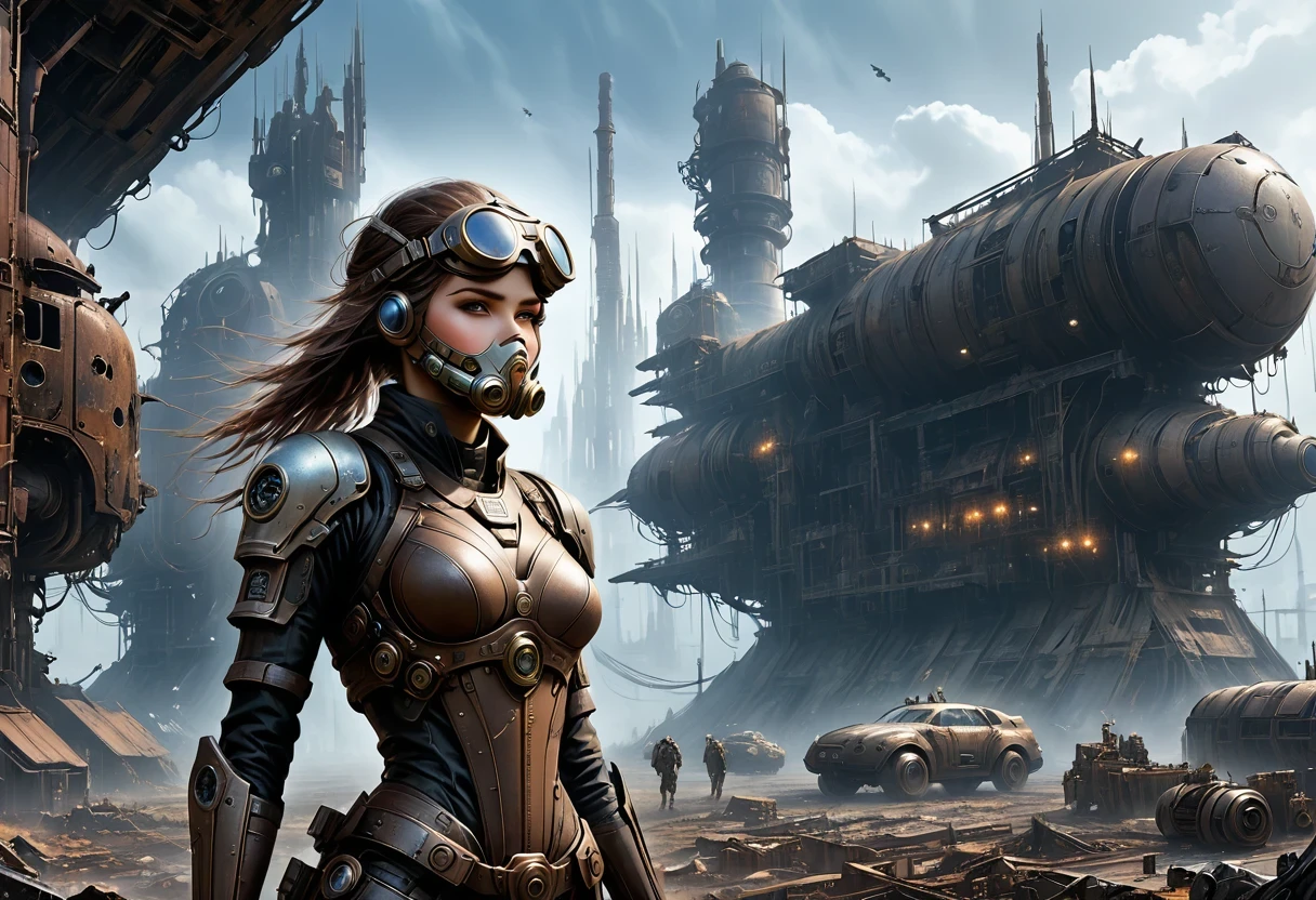 Future cyberpunk mechanical girl wearing a future gas mask walking through the destroyed future city，Silver Mechanical Girl，Mechanical joints，There are many rusty structures in the air,Destroyed large radar，Abandoned space station base， scenic Dystopian environment, Dystopian environment, Industrial science fiction, Industrial science fiction, Industrial science fiction, Steampunk space station base background, Dystopian digital concept art, Steampunk city, post-apocalyptic factory, Steampunk city of the future, Industrial science fiction, Steampunk concept art, Dystopian alien landscape, In a steampunk cityscape, Dystopian Landscape