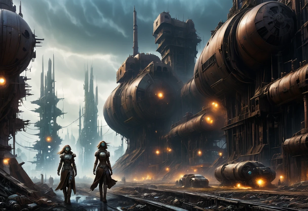 Future cyberpunk mechanical girl wearing a future gas mask walking through the destroyed future city，Silver Mechanical Girl，Mechanical joints，There are many rusty structures in the air,Destroyed large radar，Abandoned space station base， scenic Dystopian environment, Dystopian environment, Industrial science fiction, Industrial science fiction, Industrial science fiction, Steampunk space station base background, Dystopian digital concept art, Steampunk city, post-apocalyptic factory, Steampunk city of the future, Industrial science fiction, Steampunk concept art, Dystopian alien landscape, In a steampunk cityscape, Dystopian Landscape