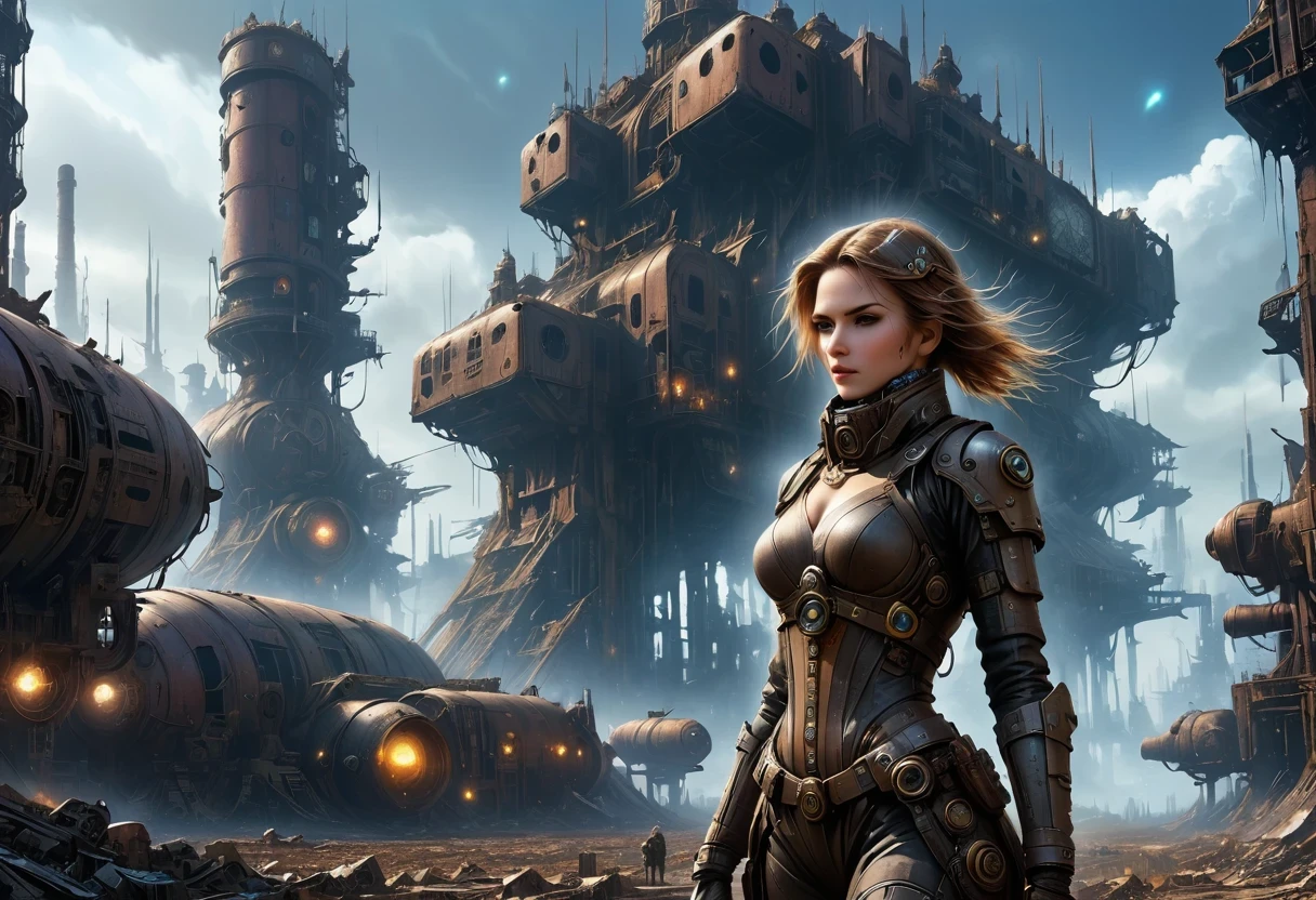Future cyberpunk mechanical girl wearing a future gas mask walking through the destroyed future city,Silver Mechanical Girl,Mechanical joints,There are many rusty structures in the air,Destroyed large radar,Abandoned space station base, scenic Dystopian environment, Dystopian environment, Industrial science fiction, Industrial science fiction, Industrial science fiction, Steampunk space station base background, Dystopian digital concept art, Steampunk city, post-apocalyptic factory, Steampunk city of the future, Industrial science fiction, Steampunk concept art, Dystopian alien landscape, In a steampunk cityscape, Dystopian Landscape