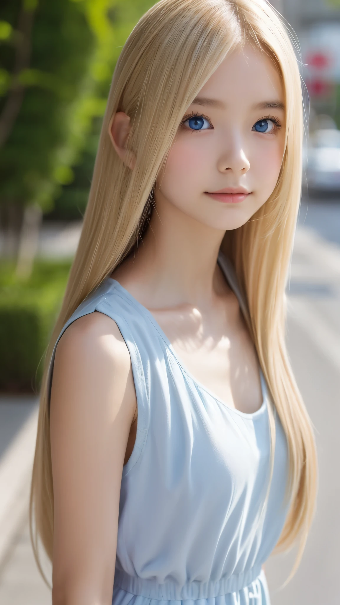 Shining, clear, white skin、Her windblown blonde hair hides her beautiful face、huge、28 years old cute sexy little beautiful face、Beautiful straight hair that stands out、growing up, Sparkling light blue eyes、long silky bangs that cover cute eyes, Sexy and cute young woman with super long hair hiding her sexy face、Super long, natural platinum blonde shiny hair