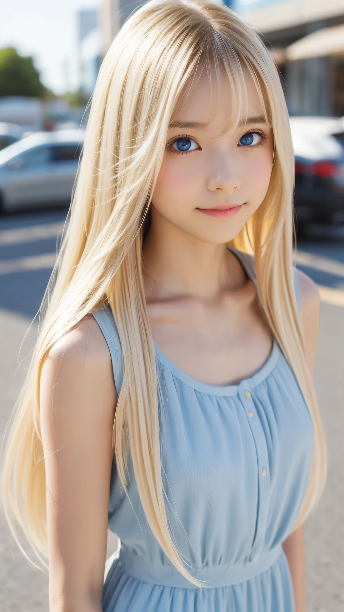 Shining, clear, white skin、Her windblown blonde hair hides her beautiful face、huge、28 years old cute sexy little beautiful face、Beautiful straight hair that stands out、growing up, Sparkling light blue eyes、long silky bangs that cover cute eyes, Sexy and cute young woman with super long hair hiding her sexy face、Super long, natural platinum blonde shiny hair