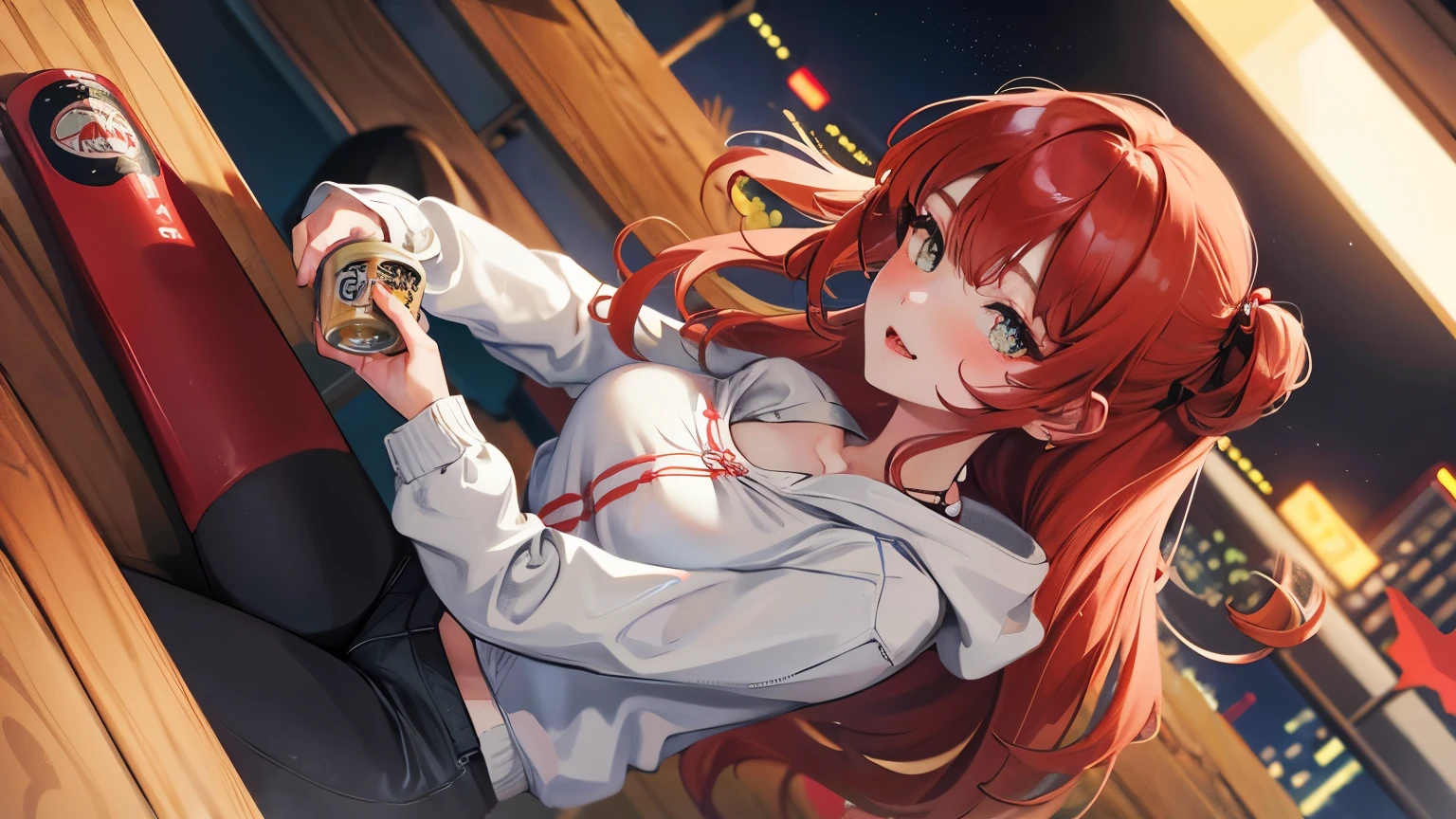 red long hair, masterpiece work, best quality, high resolution;,Improved detail，best quality，Perfect image quality，beautiful and sexy, first person view, small spots under the eyes , pretty, 큰 chest, 8K, ,chest 크게, pure white skin, chest, Beloved, excitement, beautiful, My heart is pounding,  red hair, glamour, girl friend, Gray-eyed pupils, dinner, dawn, blushed, flushing, Sitting on a bench, Canned beer, hip, glamour, big breast,gray hoodie, Grey shorts, 깜깜한 dinner,night