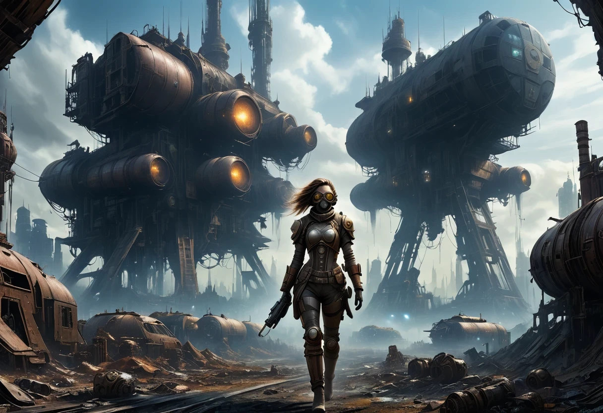 Future cyberpunk mechanical girl wearing a future gas mask walking through the destroyed future city，Silver Mechanical Girl，Mechanical joints，There are many rusty structures in the air,Destroyed large radar，Abandoned space station base， scenic Dystopian environment, Dystopian environment, Industrial science fiction, Industrial science fiction, Industrial science fiction, Steampunk space station base background, Dystopian digital concept art, Steampunk city, post-apocalyptic factory, Steampunk city of the future, Industrial science fiction, Steampunk concept art, Dystopian alien landscape, In a steampunk cityscape, Dystopian Landscape
