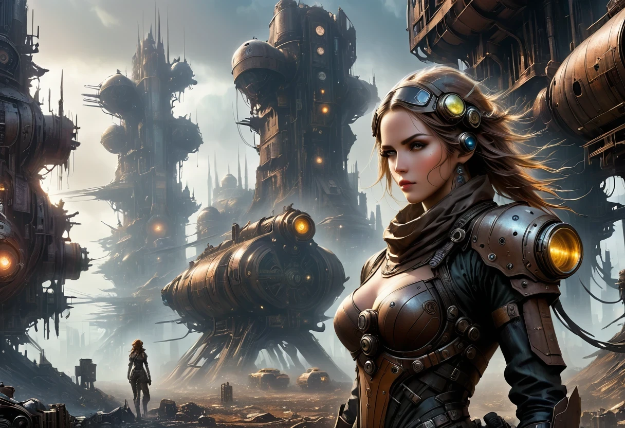 Future cyberpunk mechanical girl wearing a future gas mask walking through the destroyed future city,Silver Mechanical Girl,Mechanical joints,There are many rusty structures in the air, scenic Dystopian environment, Dystopian environment, Industrial science fiction, Industrial science fiction, Industrial science fiction, Steampunk space station base background, Dystopian digital concept art, Steampunk city, post-apocalyptic factory, Steampunk city of the future, Industrial science fiction, Steampunk concept art, Dystopian alien landscape, In a steampunk cityscape, Dystopian Landscape