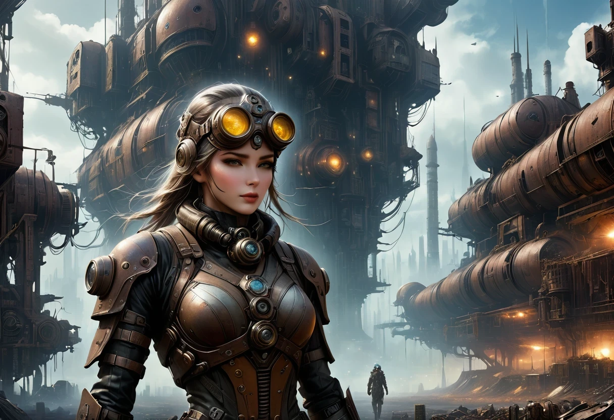 Future cyberpunk mechanical girl wearing a future gas mask walking through the destroyed future city，Silver Mechanical Girl，Mechanical joints，There are many rusty structures in the air, scenic Dystopian environment, Dystopian environment, Industrial science fiction, Industrial science fiction, Industrial science fiction, Steampunk space station base background, Dystopian digital concept art, Steampunk city, post-apocalyptic factory, Steampunk city of the future, Industrial science fiction, Steampunk concept art, Dystopian alien landscape, In a steampunk cityscape, Dystopian Landscape