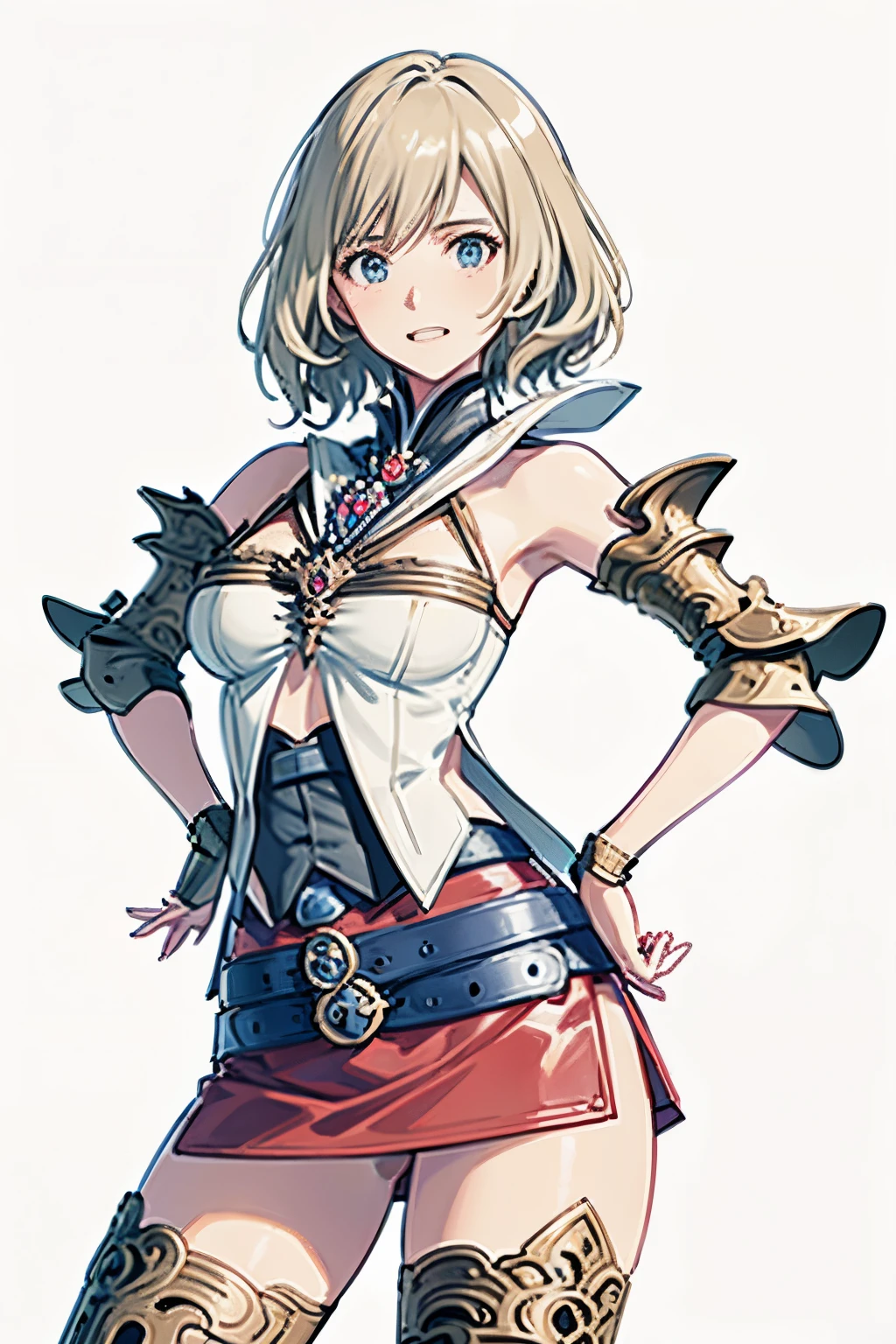 (masutepiece, of the highest quality, Best Quality, Official art, Beautiful and aesthetic:1.2), ighly detailed, Colorful,highest details,Illustrations, fantastical scenes, 1girl in, Solo, (Final Fantasy 12,Ashelia, shorth hair, Ashelia Costume, a miniskirt, thighs thighs thighs thighs, jewely, Blue belt,Number on one of the belts), Multiple poses and expressions, gritted teeth, Heavy breathing, move chart,Medieval fantasy